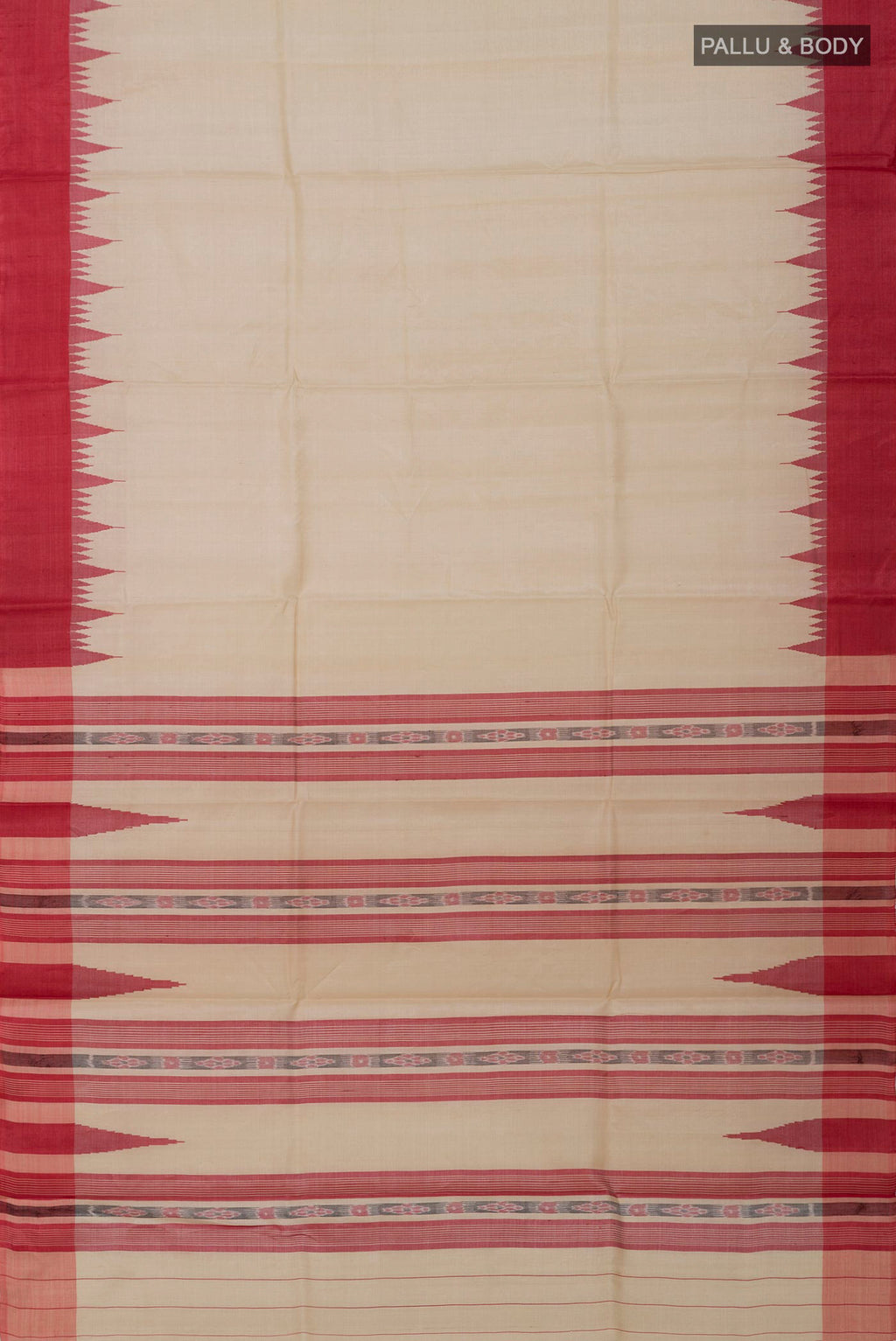 Flat view of Cream Tussar Silk Saree with Plain Body and Temple Border. 