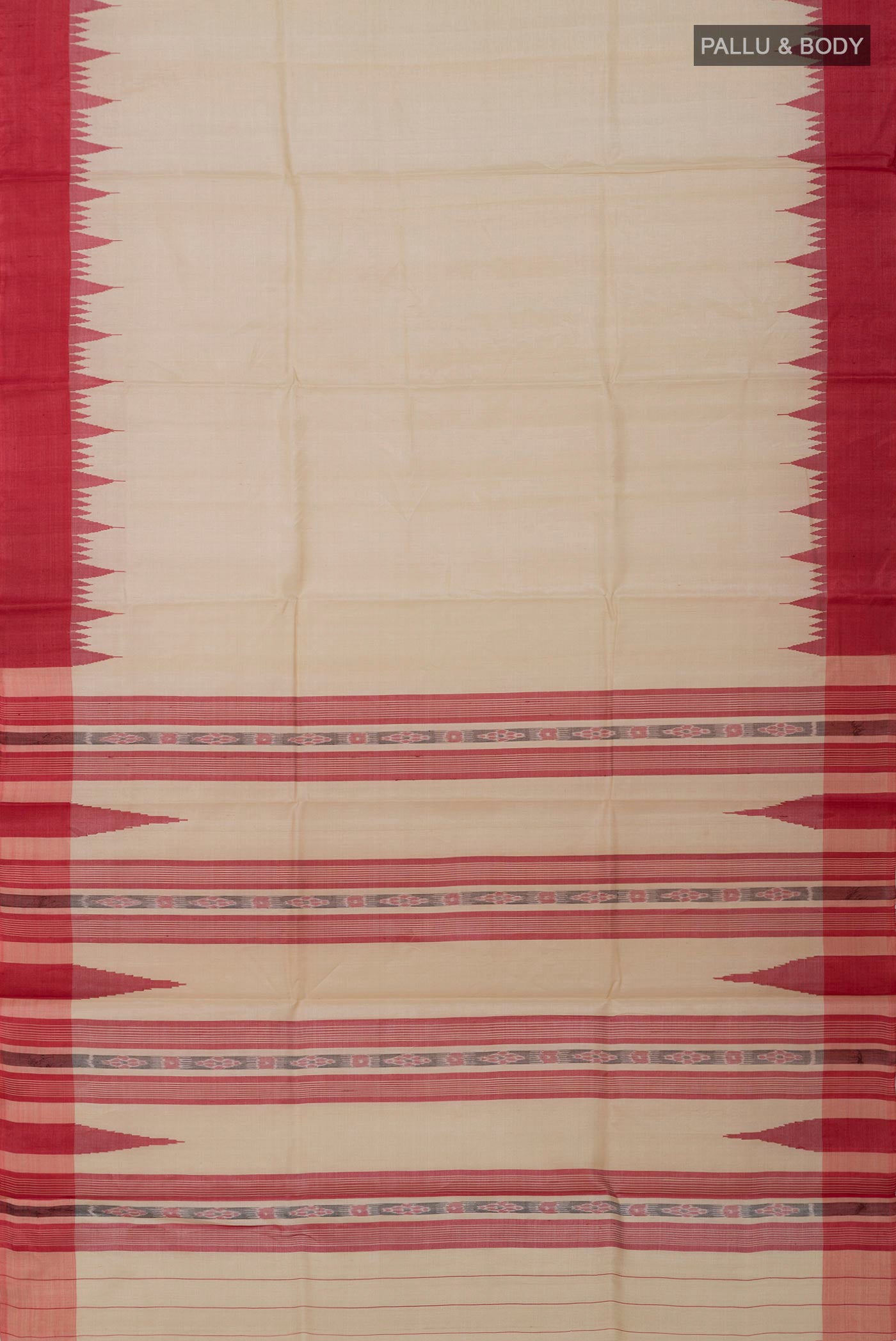 Flat view of Cream Tussar Silk Saree with Plain Body and Temple Border. 