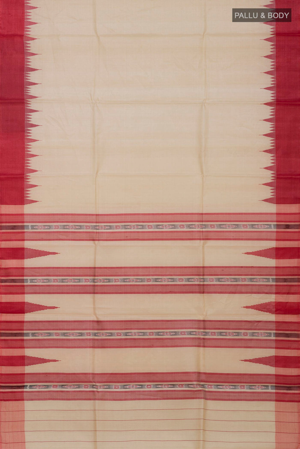 Flat view of Cream Tussar Silk Saree with Plain Body and Temple Border. 