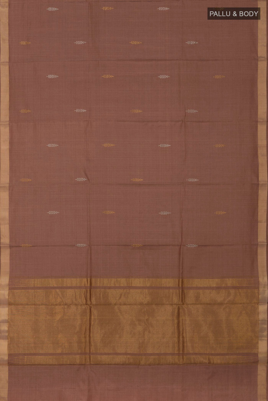 Flat view of Brown Tussar Silk Saree with Zari Butta on the body and Zari Border. 