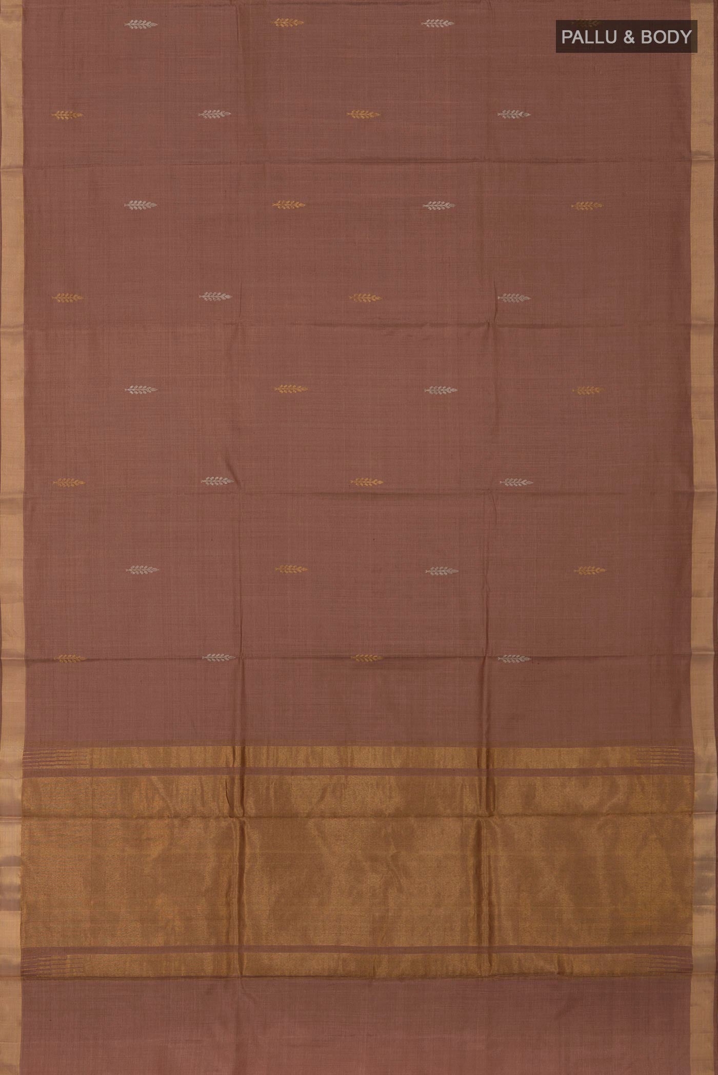 Flat view of Brown Tussar Silk Saree with Zari Butta on the body and Zari Border. 