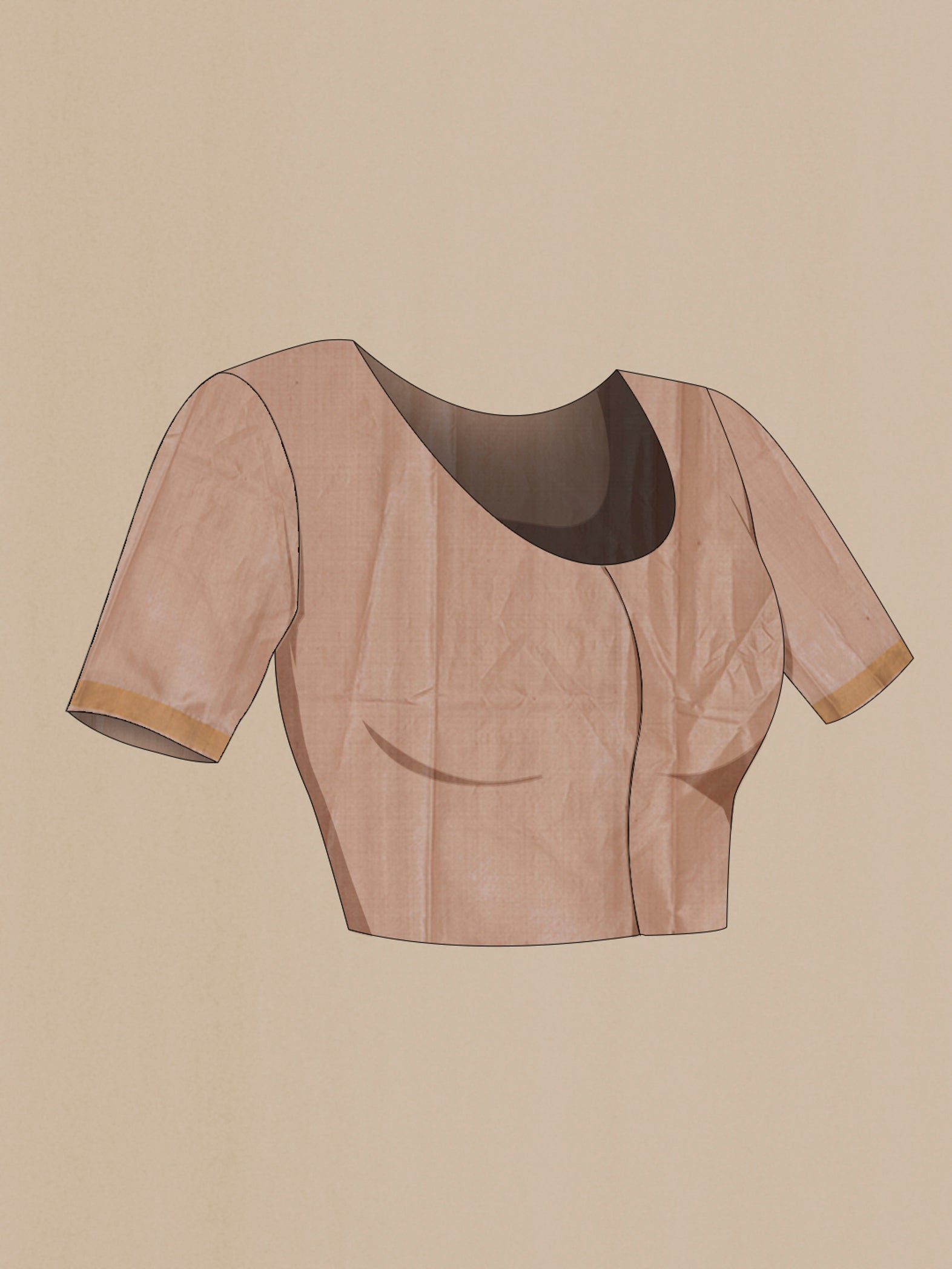 Close up image of the blouse of Beige Tussar Silk Saree with Zari Butta on the body and Thin Zari Line. 