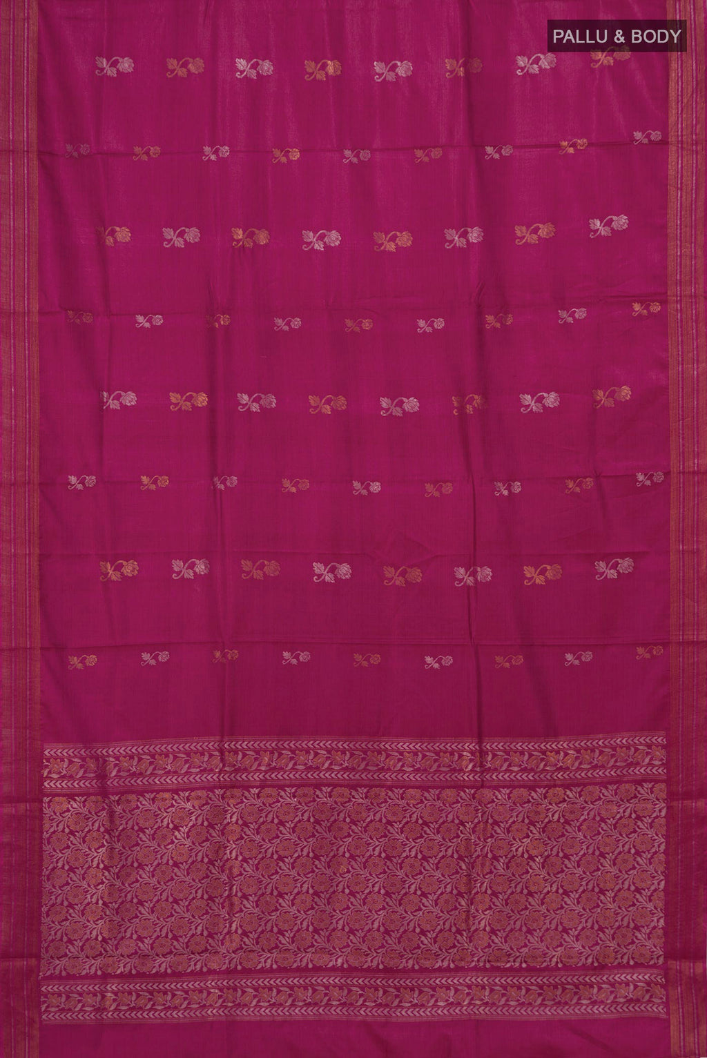 Flat view of Magenta Tussar Silk Saree with Zari Butta on the body and Thin Zari Line. 