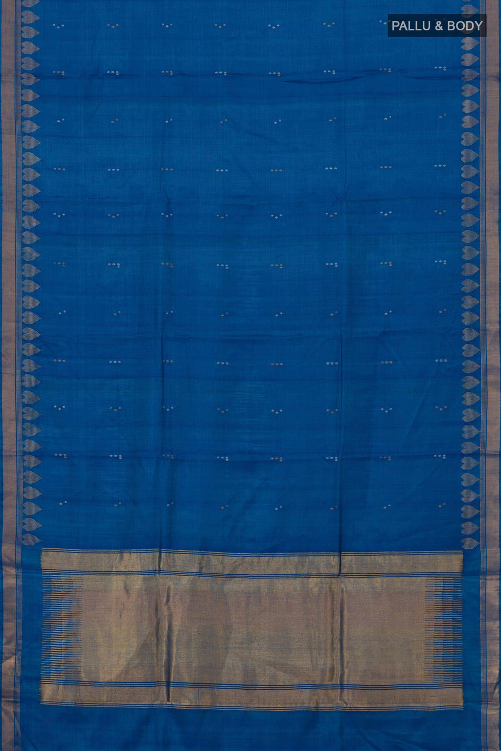 Flat view of Blue Tussar Silk Saree with Zari Butta on the body and Zari Border. 