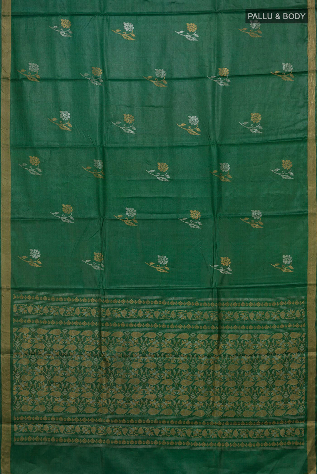 Flat view of Green Tussar Silk Saree with Zari Butta on the body and Zari Border. 