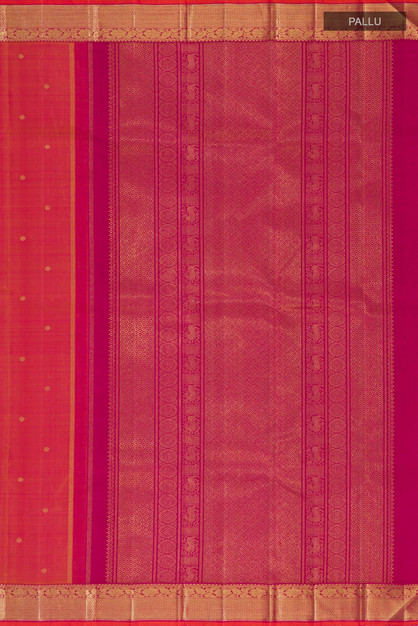 Close up image of the pallu of Pure Silk Pure Zari Pinkish Yellow Dual Tone Kanjivaram Saree with Zari Butta on the body and Zari Border. 