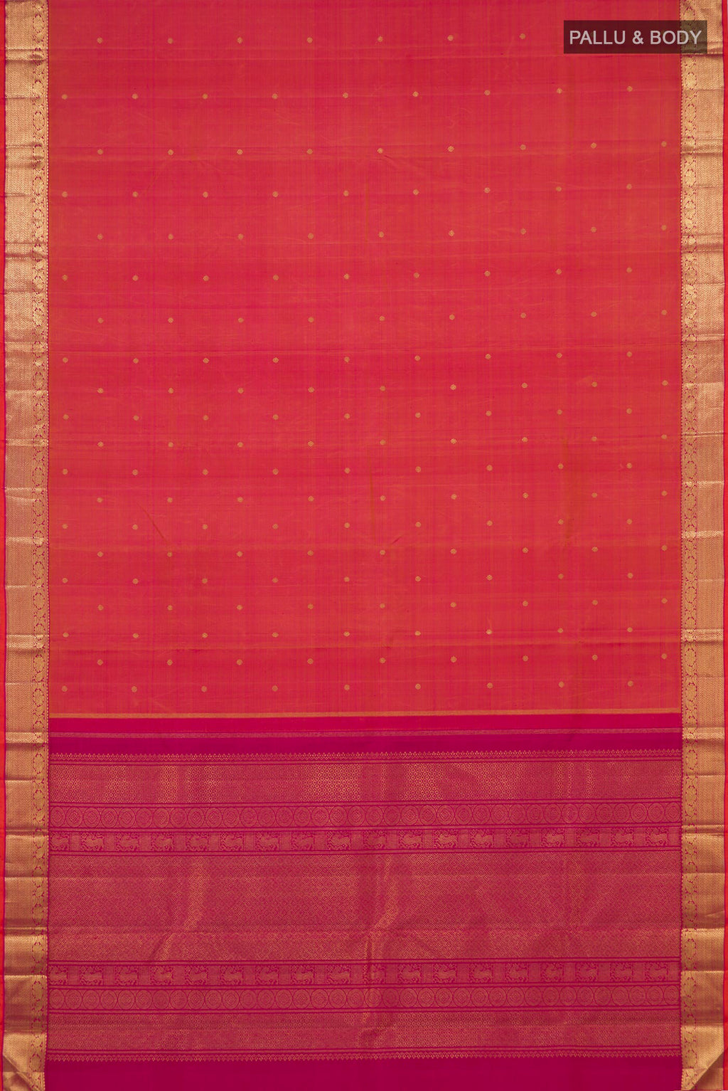 Flat view of Pure Silk Pure Zari Pinkish Yellow Dual Tone Kanjivaram Saree with Zari Butta on the body and Zari Border. 