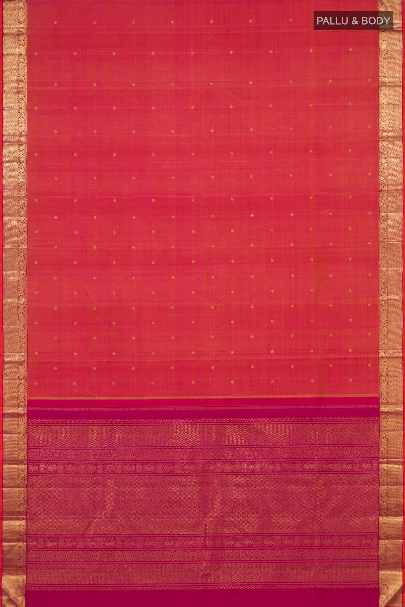 Flat view of Pure Silk Pure Zari Pinkish Yellow Dual Tone Kanjivaram Saree with Zari Butta on the body and Zari Border. 