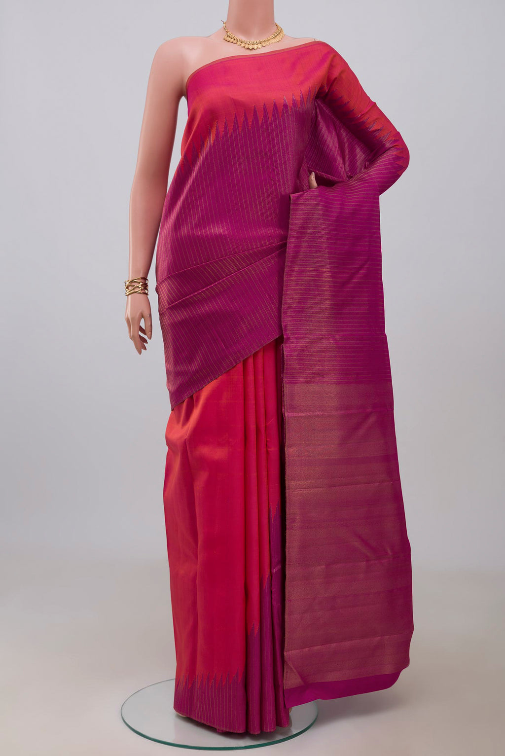 Pure Silk Pure Zari Purple Kanjivaram Saree with Fancy on the body and Rising Temple Border.  displayed on a mannequin