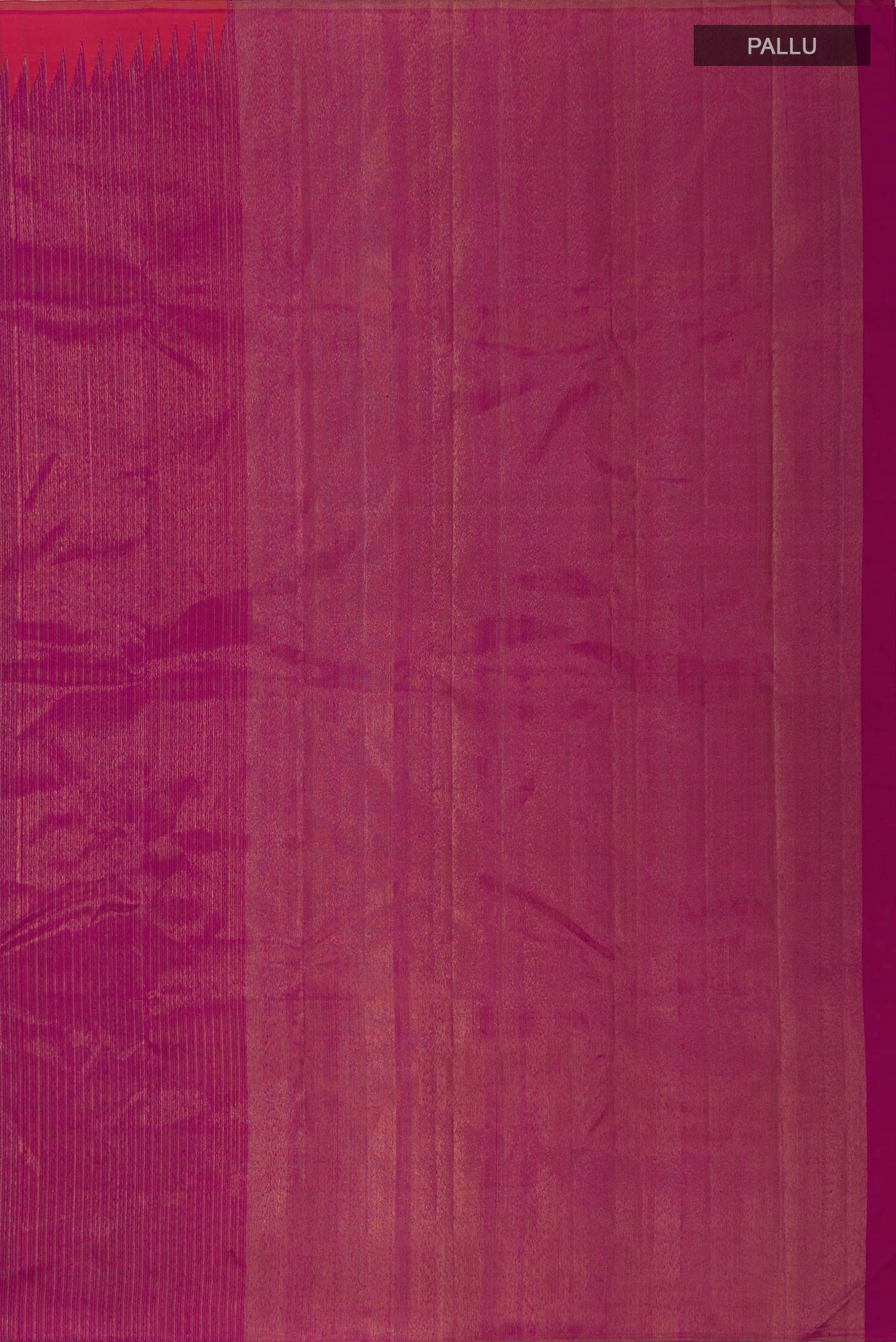 Close up image of the pallu of Pure Silk Pure Zari Purple Kanjivaram Saree with Fancy on the body and Rising Temple Border. 