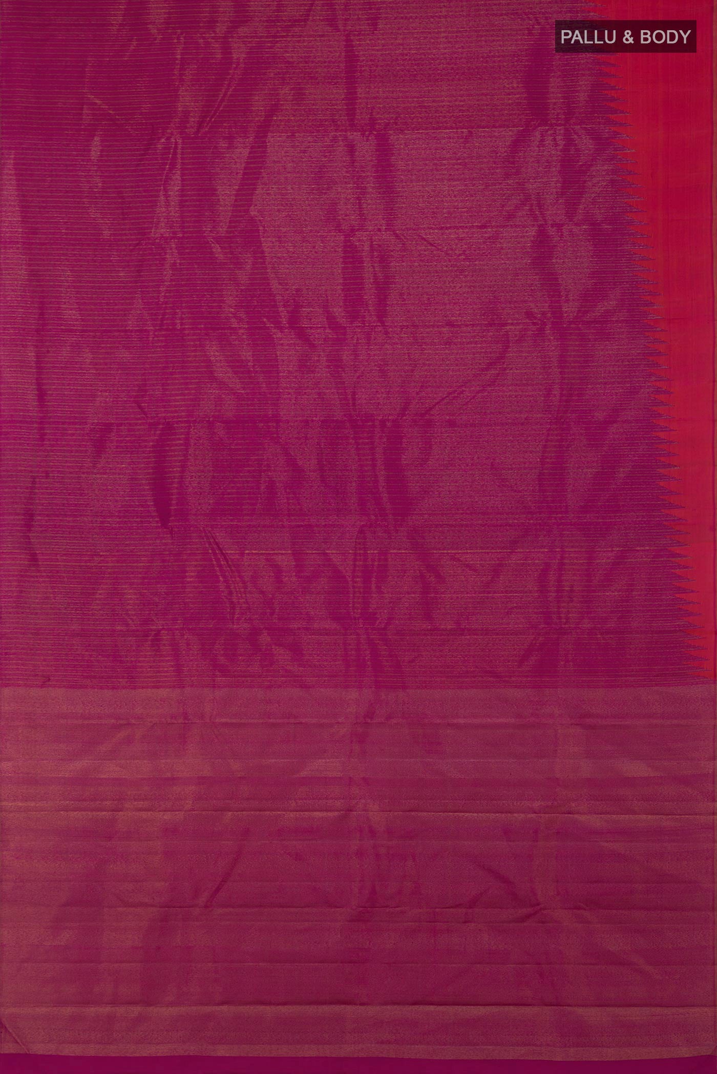Flat view of Pure Silk Pure Zari Purple Kanjivaram Saree with Fancy on the body and Rising Temple Border. 