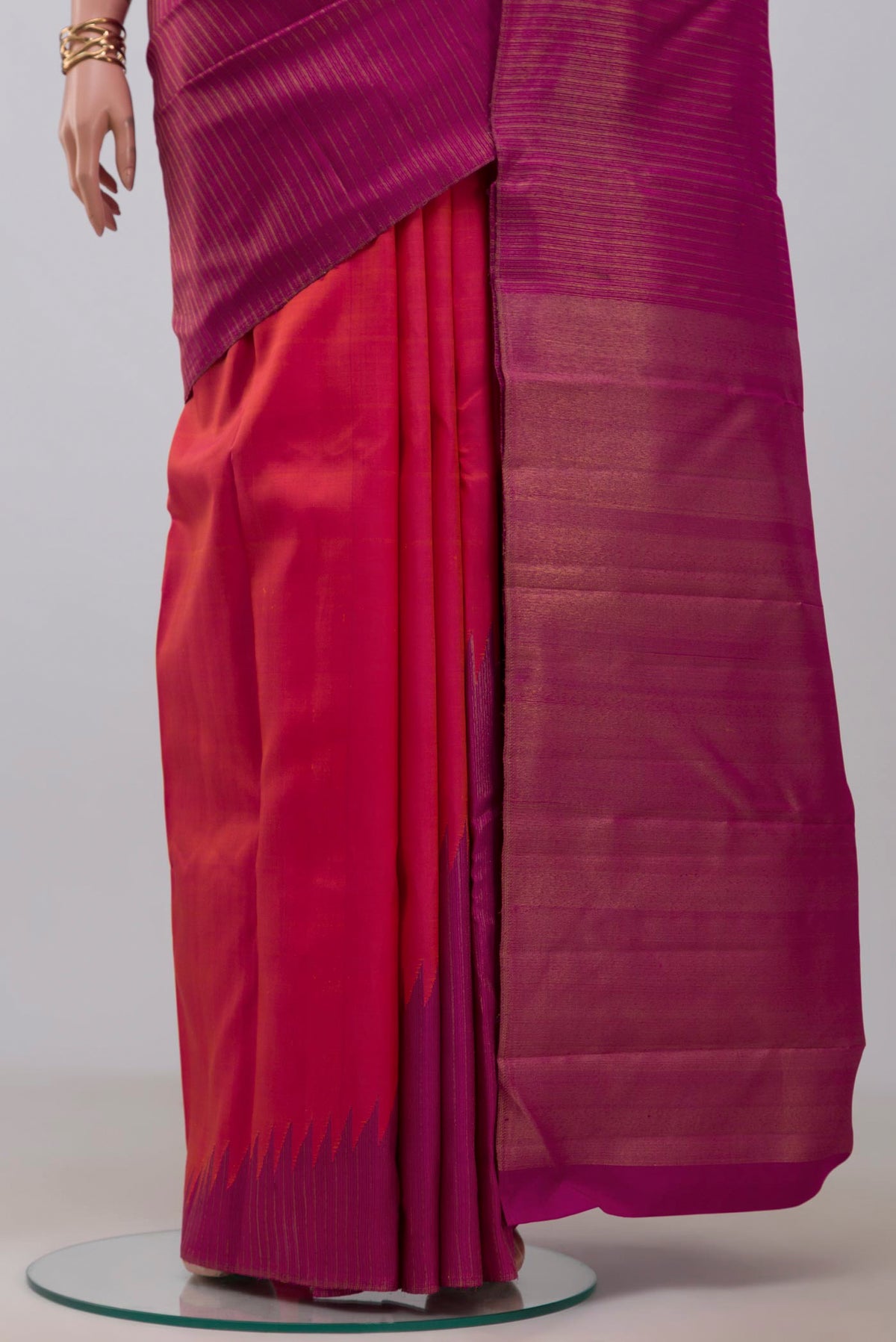 Pleats and pallu of Pure Silk Pure Zari Purple Kanjivaram Saree with Fancy on the body and Rising Temple Border. 