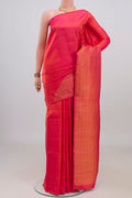 Pure Silk Pure Zari Brick Orange Kanchipuram Saree with Plain Body and Rising Temple Border.  displayed on a mannequin