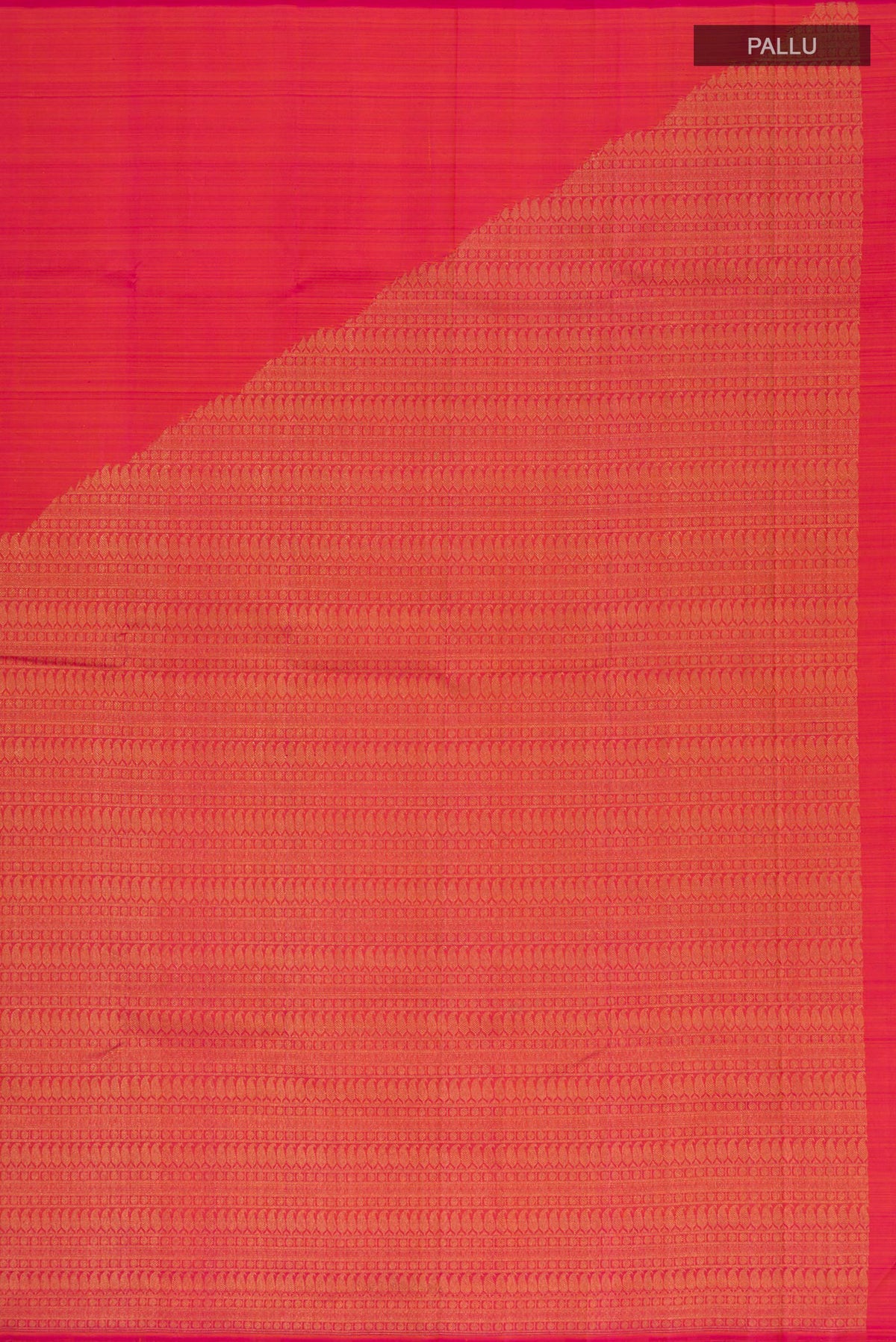 Close up image of the pallu of Pure Silk Pure Zari Brick Orange Kanchipuram Saree with Plain Body and Rising Temple Border. 