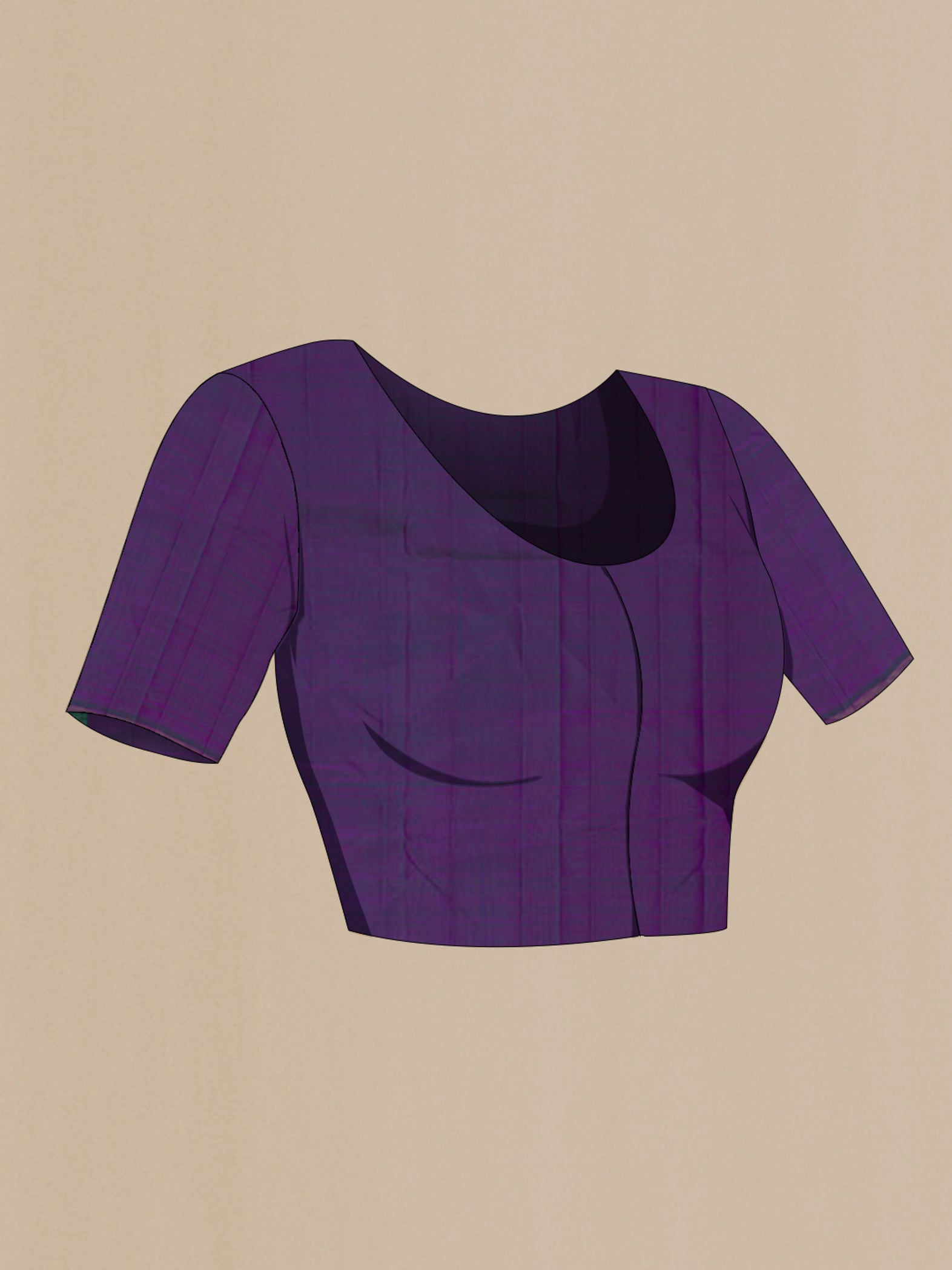 Close up image of the blouse of Purple Kanchipuram Silk Saree with Zari Butta on the body and Thin Zari Line. 