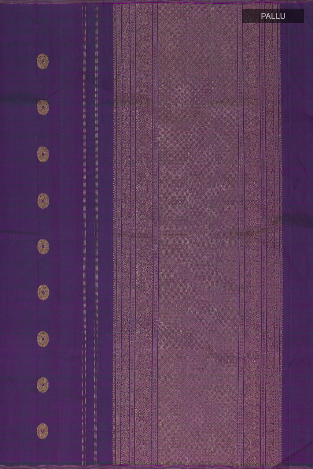 Close up image of the pallu of Purple Kanchipuram Silk Saree with Zari Butta on the body and Thin Zari Line. 