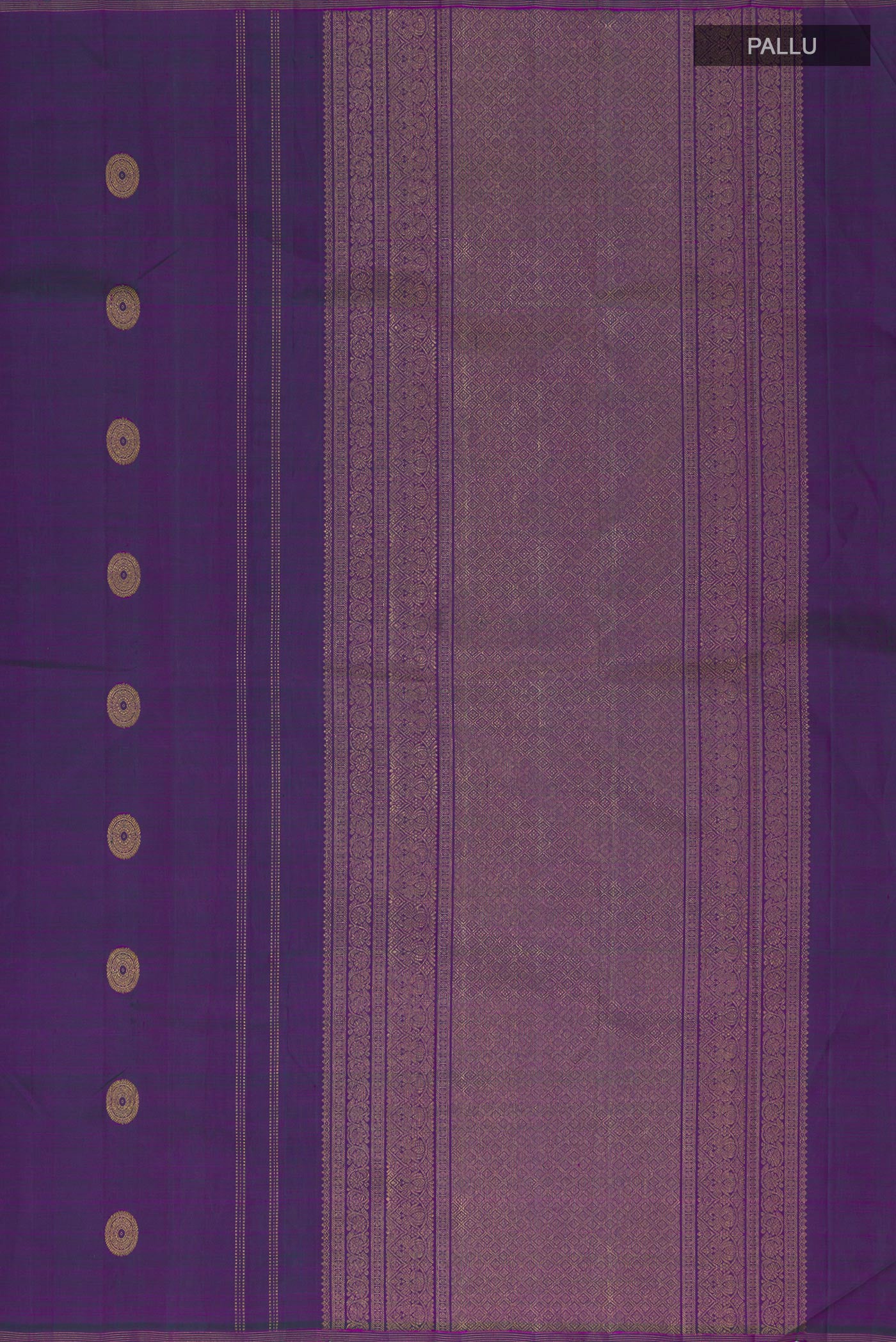 Close up image of the pallu of Purple Kanchipuram Silk Saree with Zari Butta on the body and Thin Zari Line. 