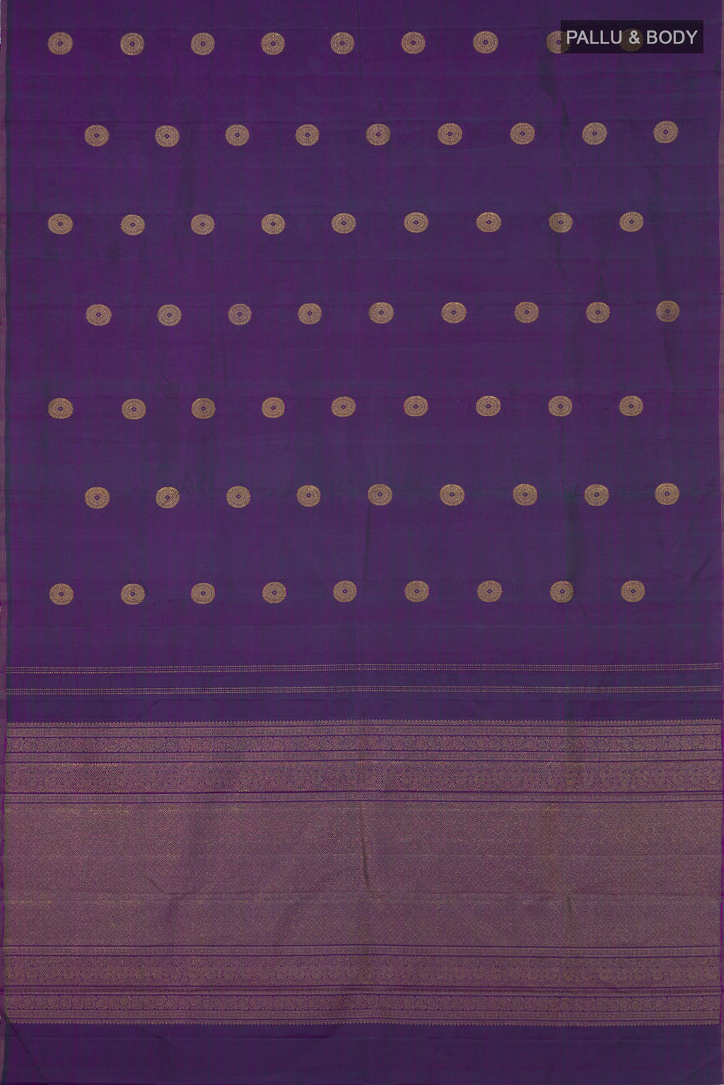 Flat view of Purple Kanchipuram Silk Saree with Zari Butta on the body and Thin Zari Line. 