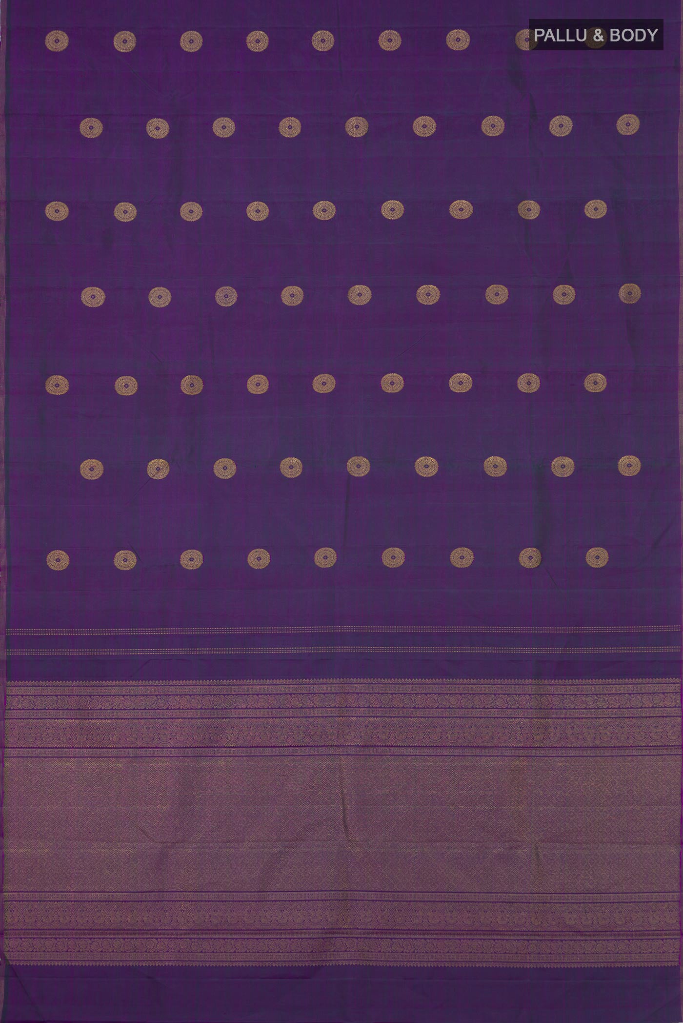Flat view of Purple Kanchipuram Silk Saree with Zari Butta on the body and Thin Zari Line. 