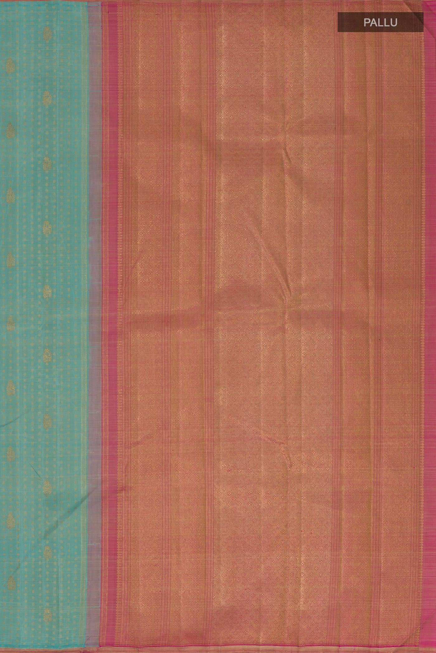 Close up image of the pallu of Pure Silk Pure Zari Light Blue Kanchipuram Saree with Zari Butta on the body and Thin Zari Line. 