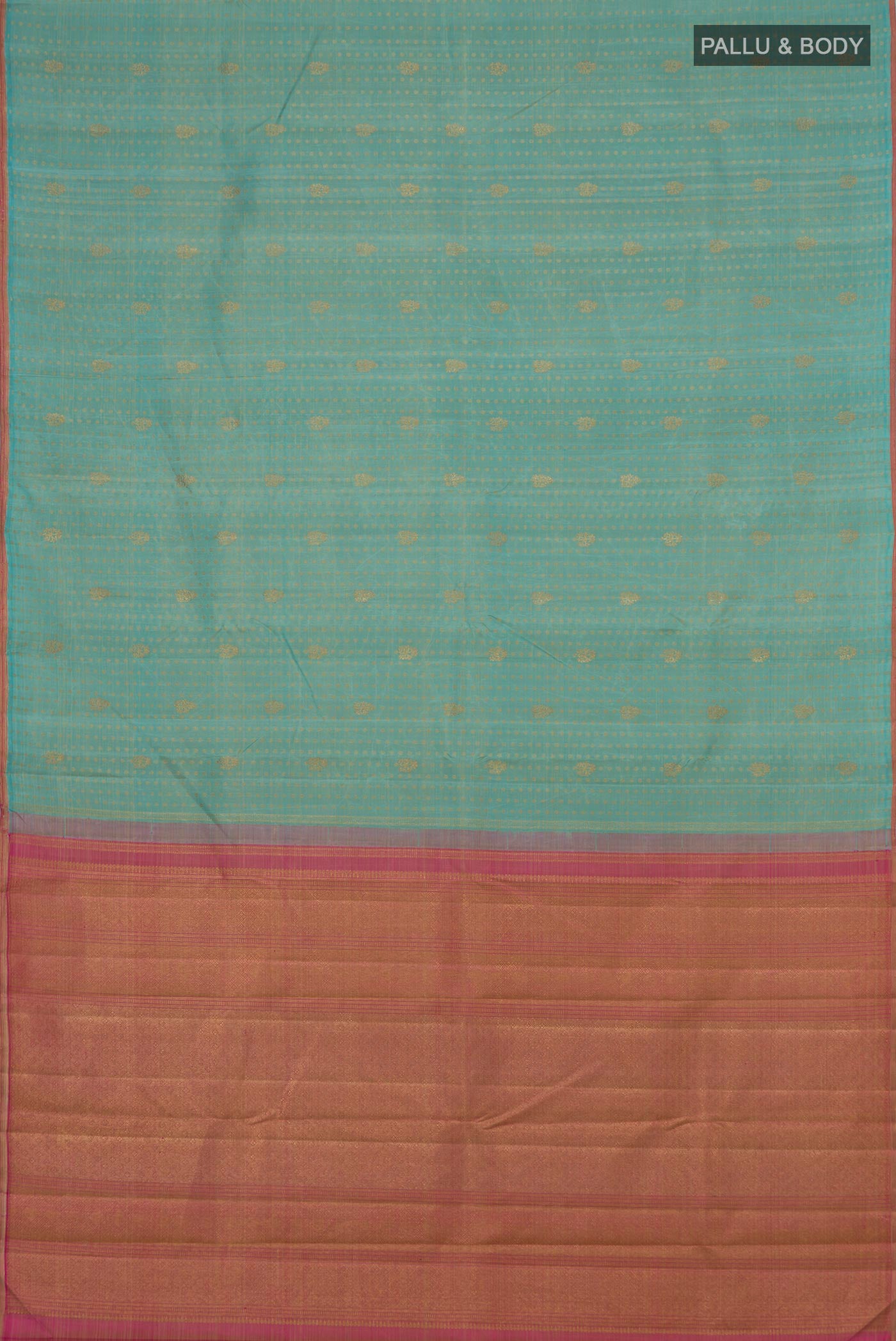 Flat view of Pure Silk Pure Zari Light Blue Kanchipuram Saree with Zari Butta on the body and Thin Zari Line. 