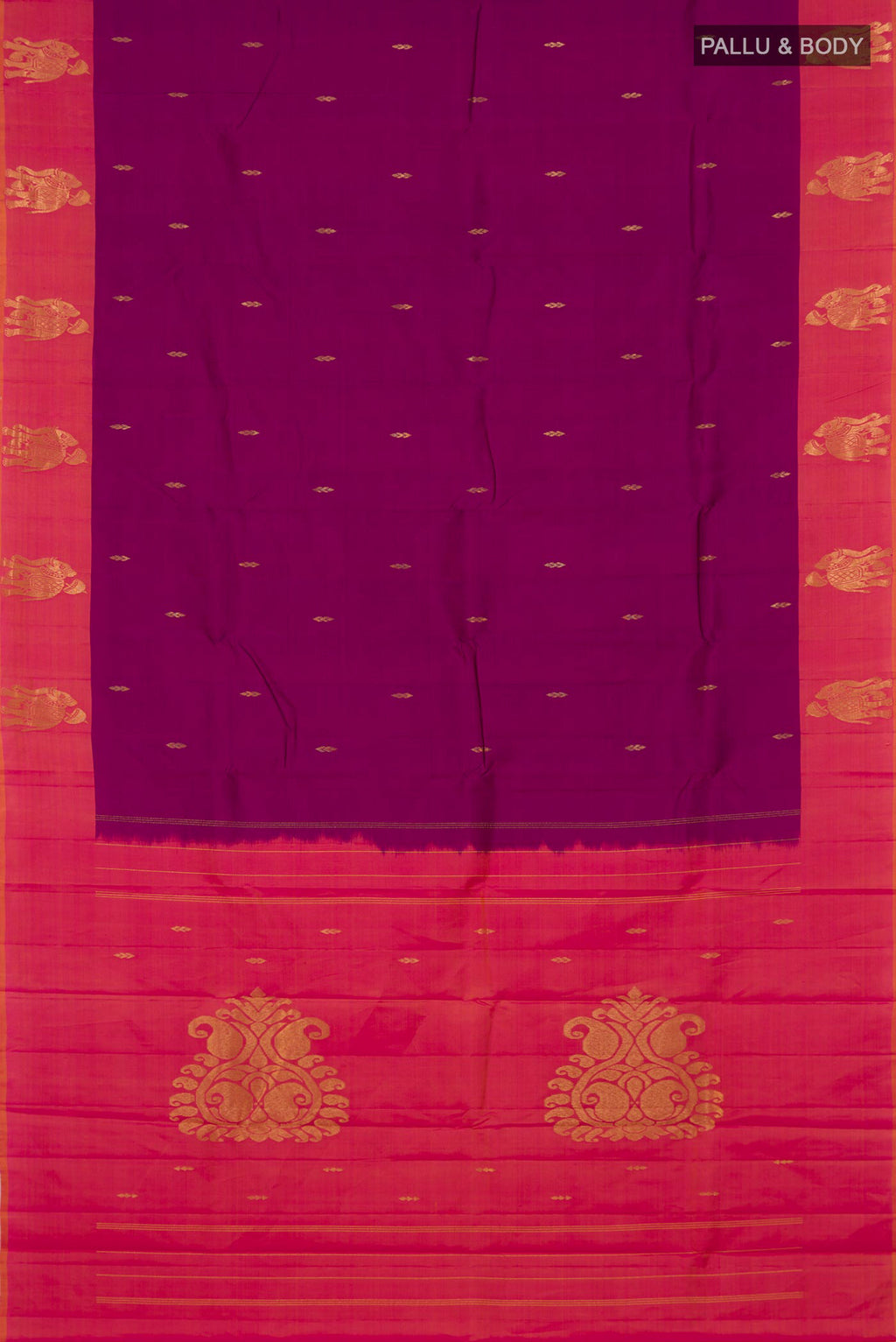 Flat view of Pure Silk Magenta Kanchipuram Saree with Zari Butta on the body and Fancy Border. 