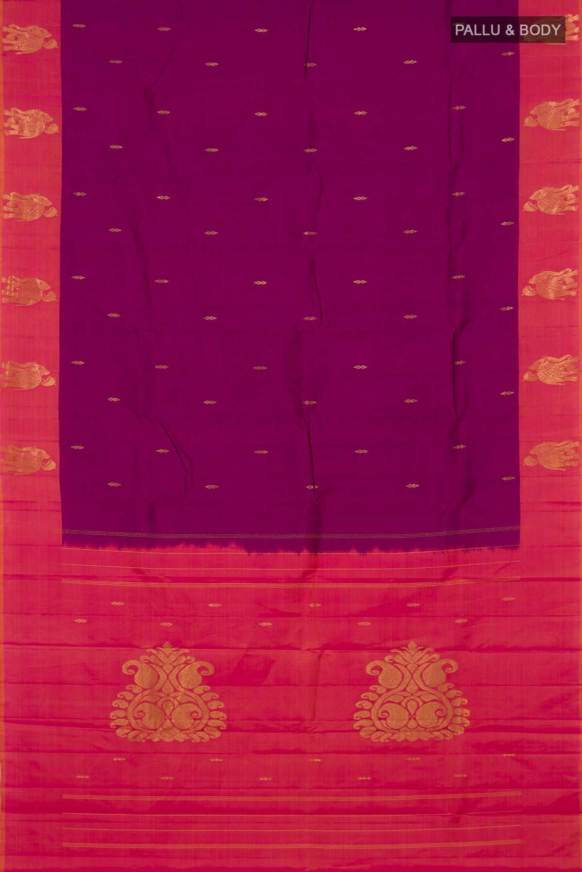 Flat view of Pure Silk Magenta Kanchipuram Saree with Zari Butta on the body and Fancy Border. 