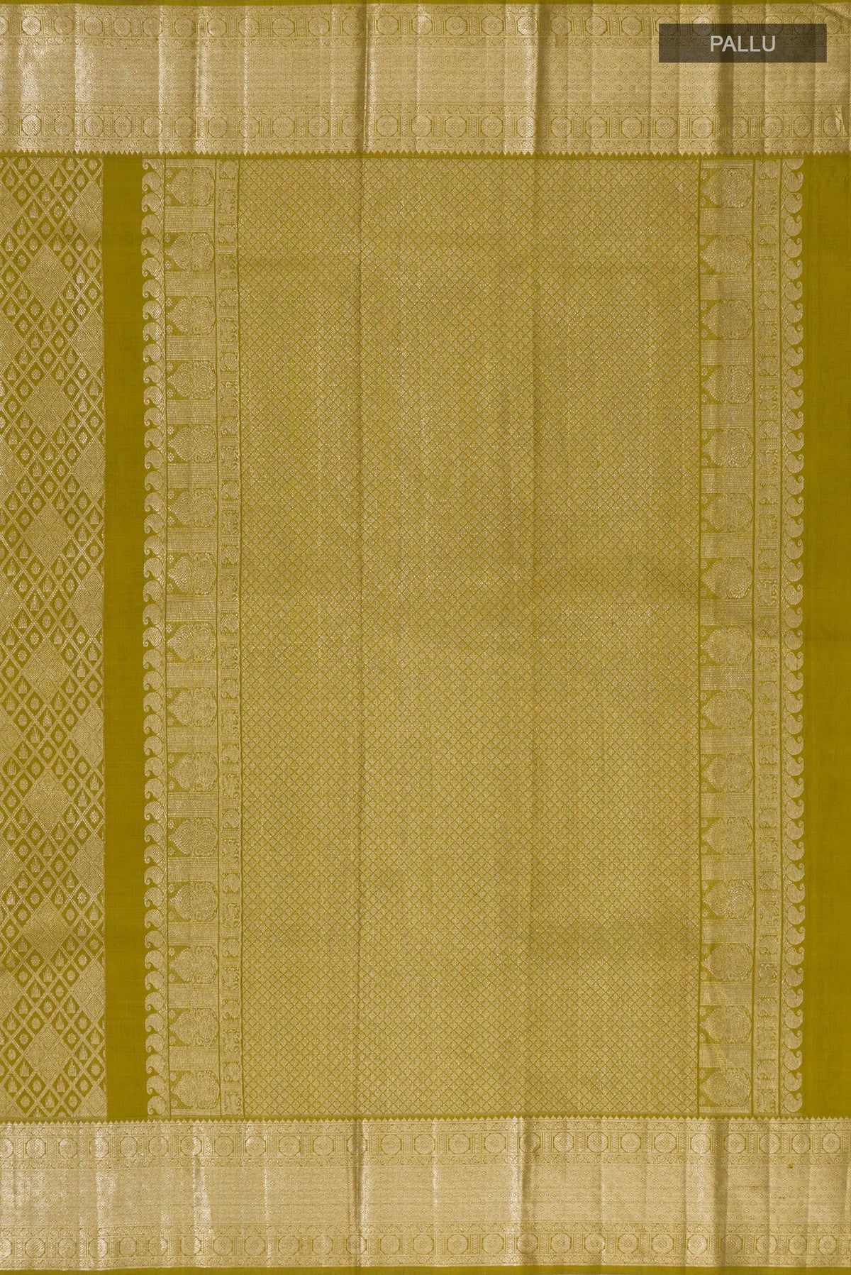 Close up image of the pallu of Pure Silk Mehandi Green Kanchipuram Saree with Zari Brocade on the body and Zari Border. 