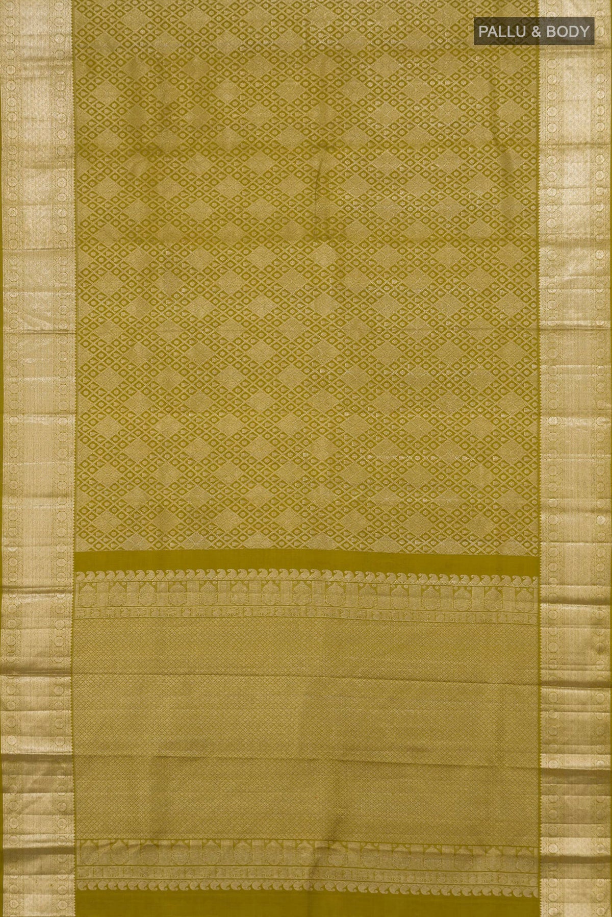 Flat view of Pure Silk Mehandi Green Kanchipuram Saree with Zari Brocade on the body and Zari Border. 