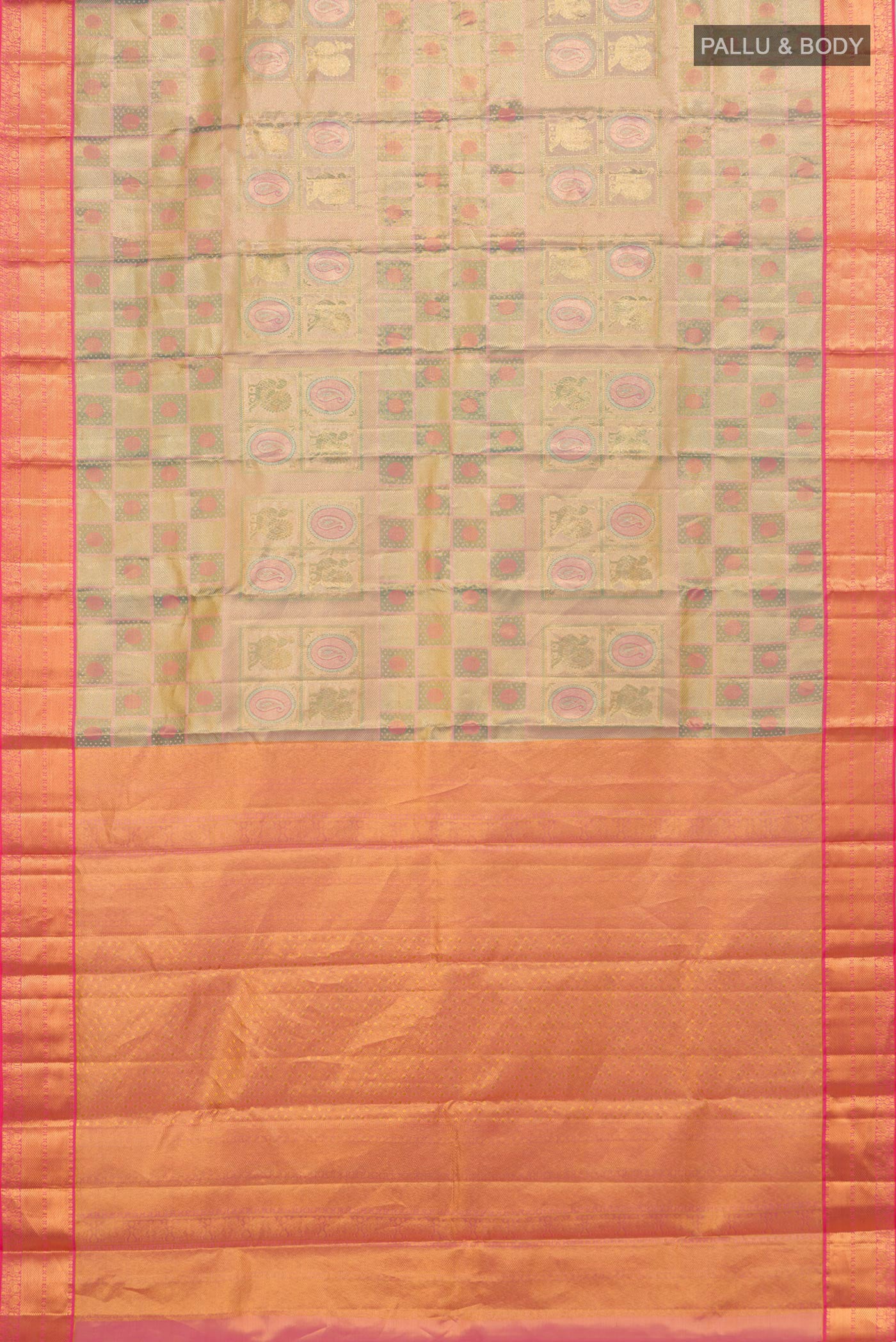 Flat view of Golden Dual Tone Kanchipuram Tissue Silk Saree with Zari Brocade on the body and Zari Border. 