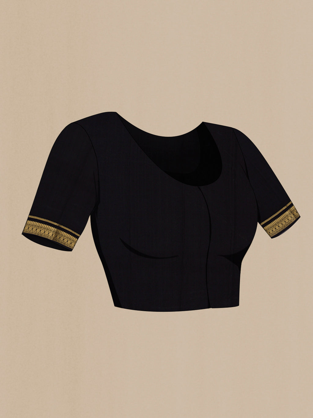 Close up image of the blouse of Black Mysore Crepe Saree with Stripes on the body and Zari Border. 