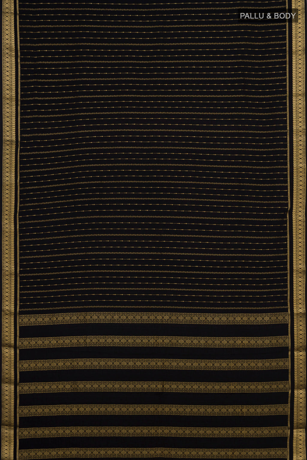 Flat view of Black Mysore Crepe Saree with Stripes on the body and Zari Border. 