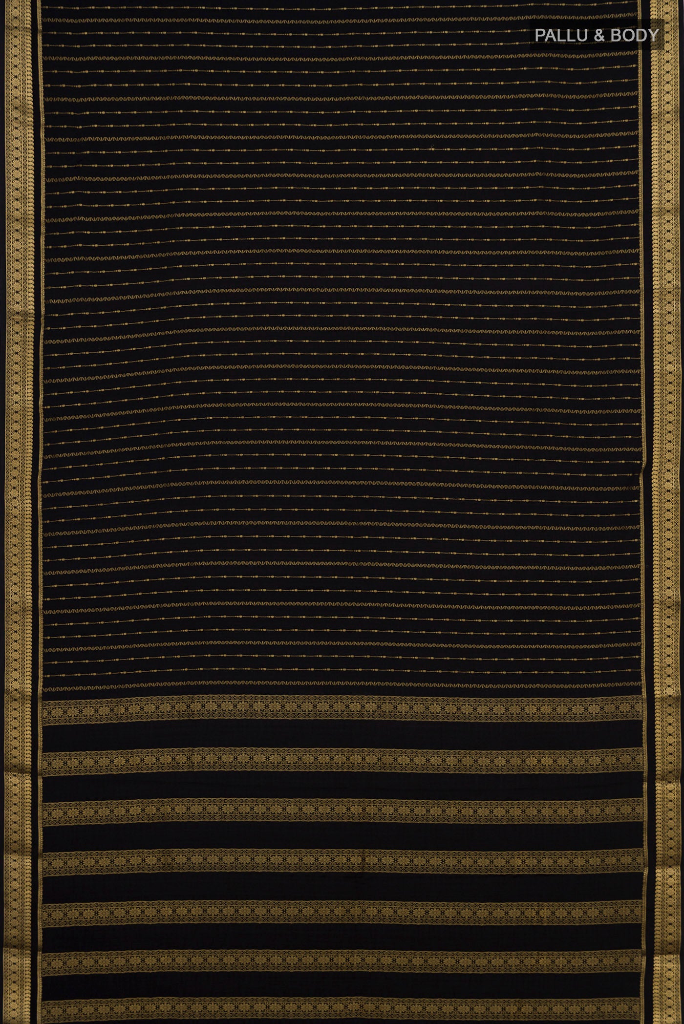 Flat view of Black Mysore Crepe Saree with Stripes on the body and Zari Border. 
