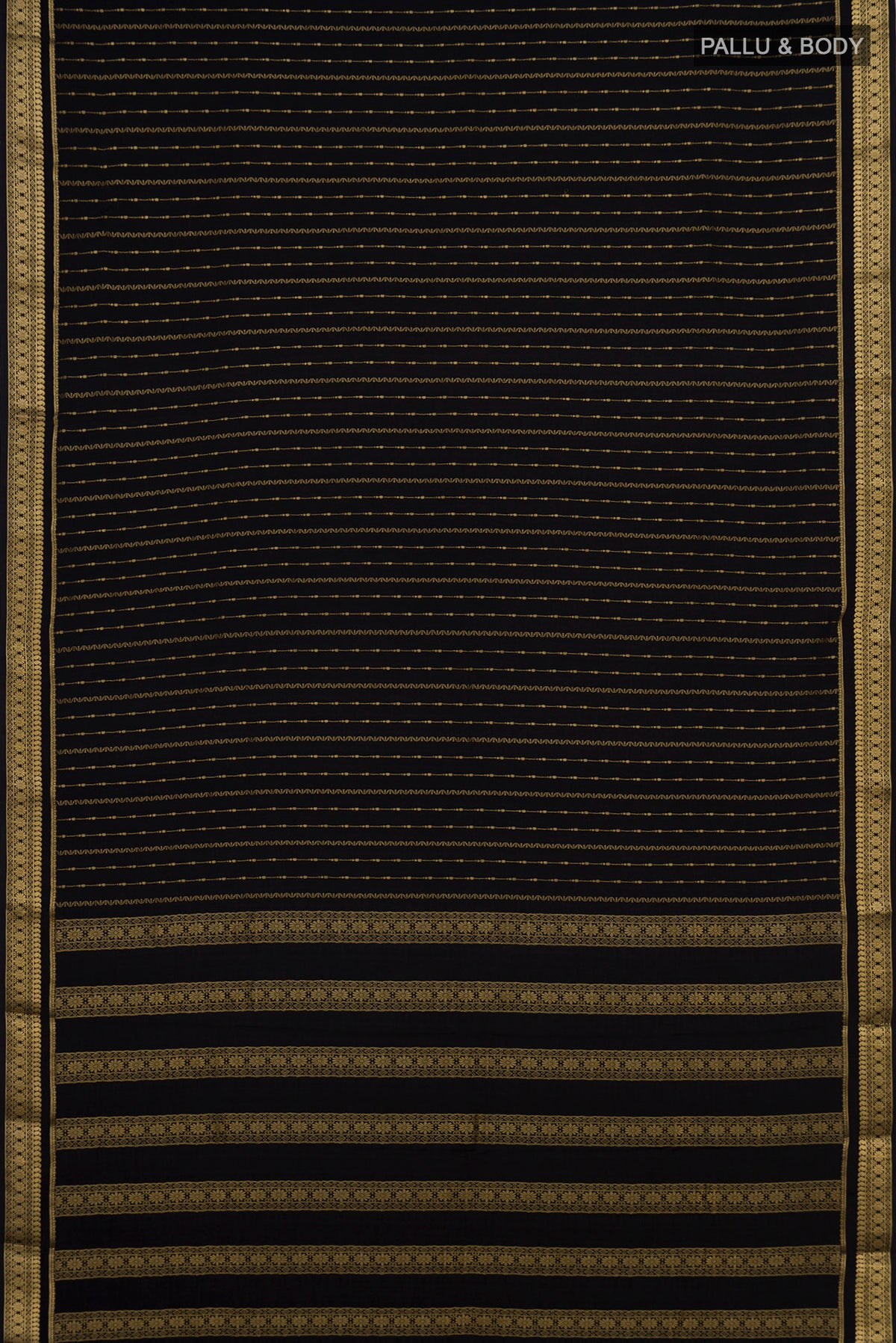 Flat view of Black Mysore Crepe Saree with Stripes on the body and Zari Border. 