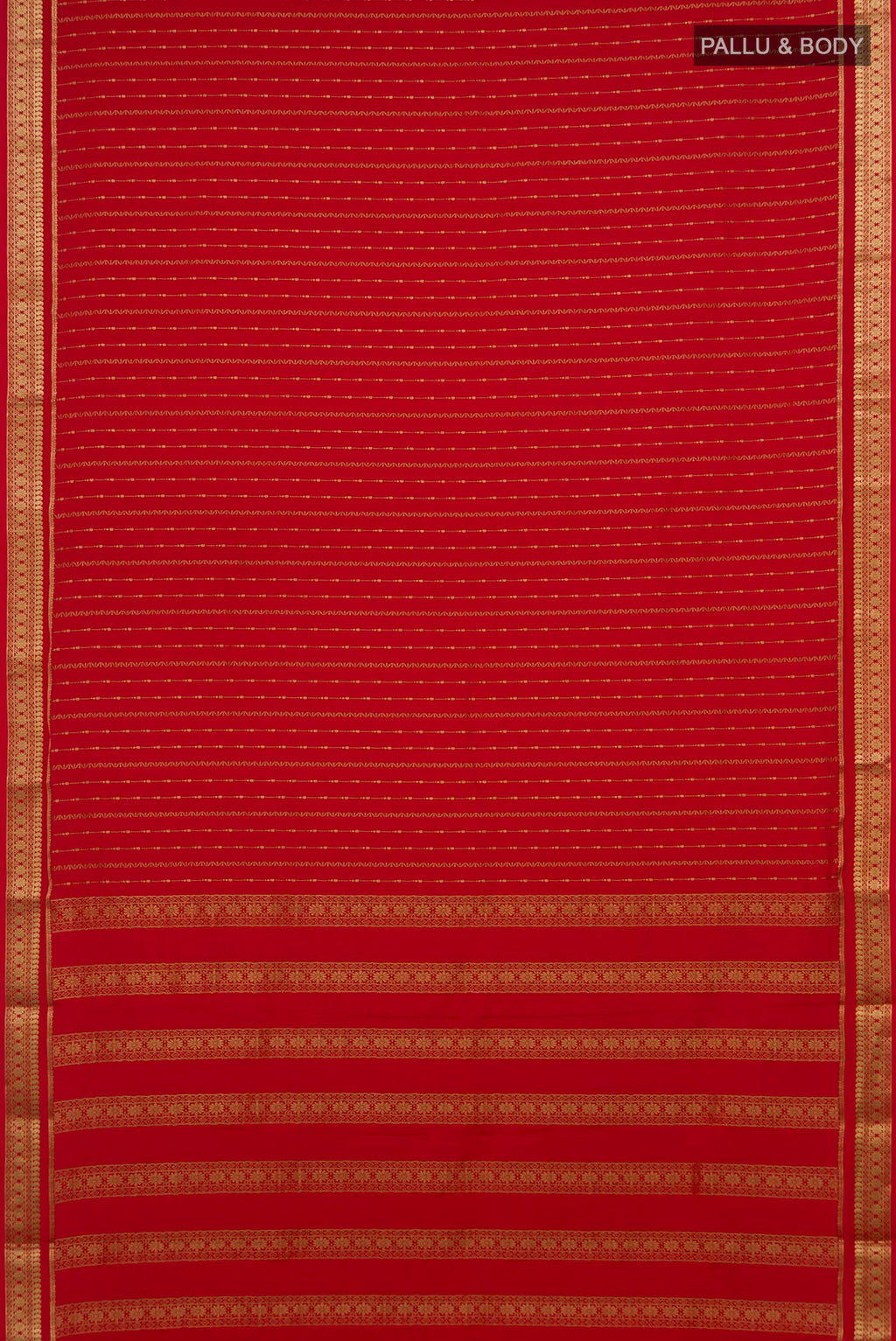 Flat view of Red Mysore Crepe Saree with Stripes on the body and Zari Border. 
