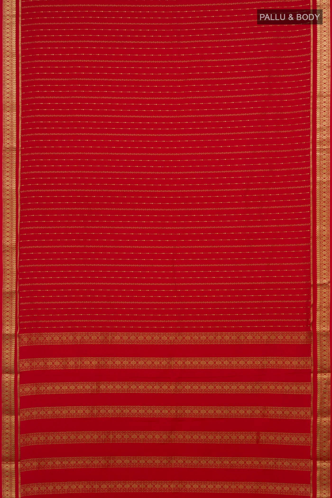 Flat view of Red Mysore Crepe Saree with Stripes on the body and Zari Border. 