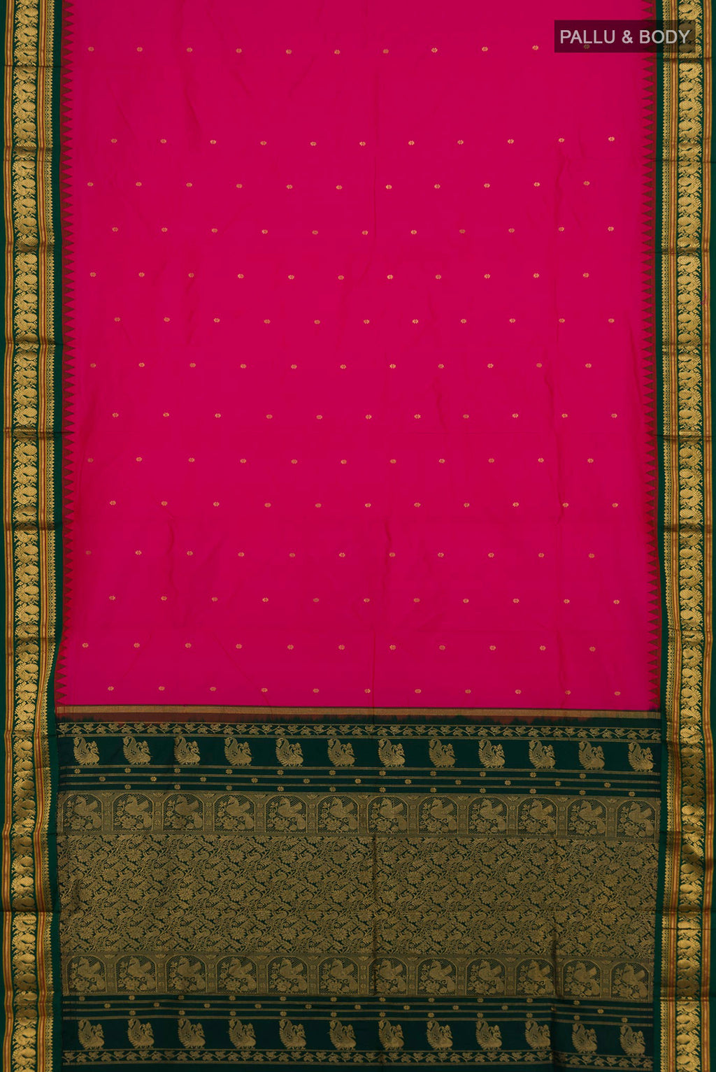 Flat view of Pure Silk Pink Bangalore Saree with Zari Butta on the body and Zari Border. 