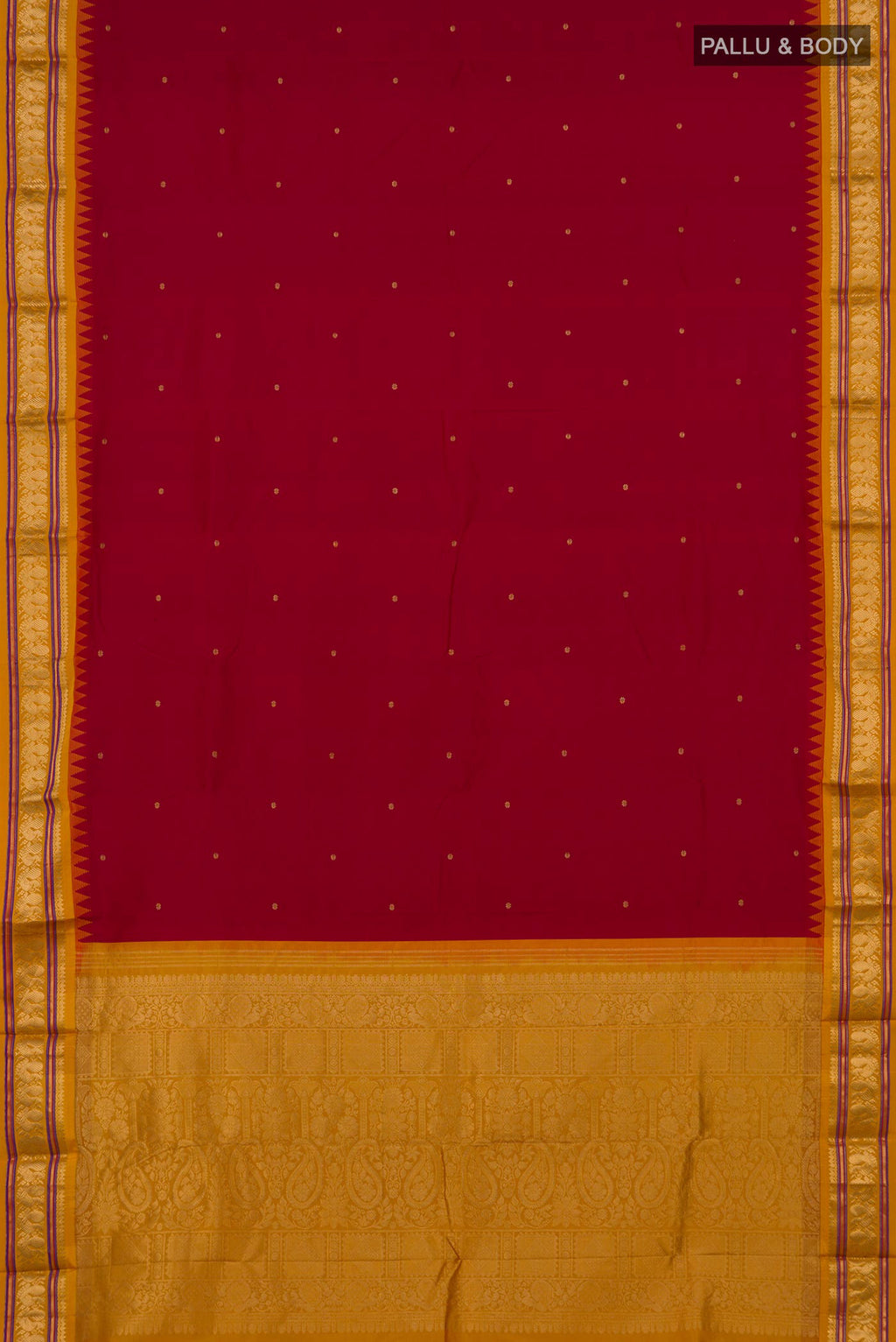 Flat view of Pure Silk Red Bangalore Saree with Zari Butta on the body and Zari Border. 