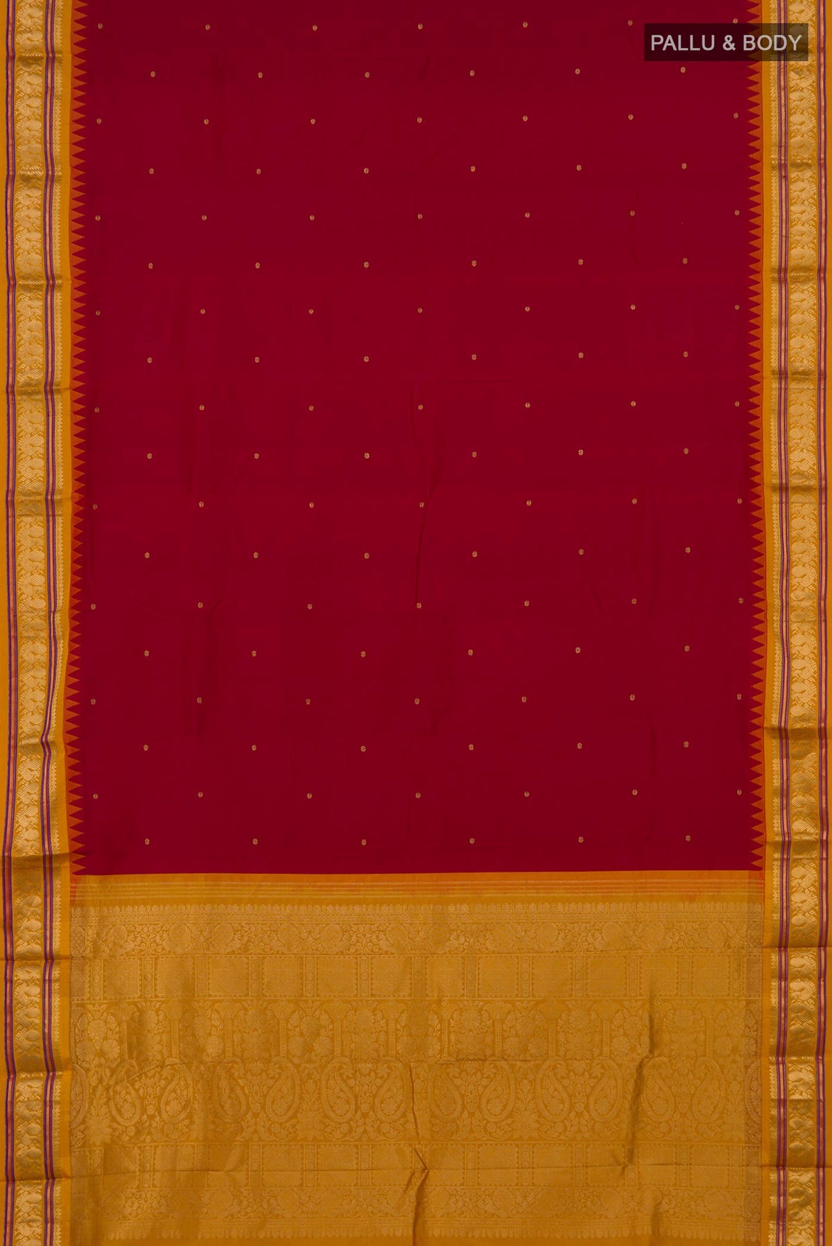 Flat view of Pure Silk Red Bangalore Saree with Zari Butta on the body and Zari Border. 