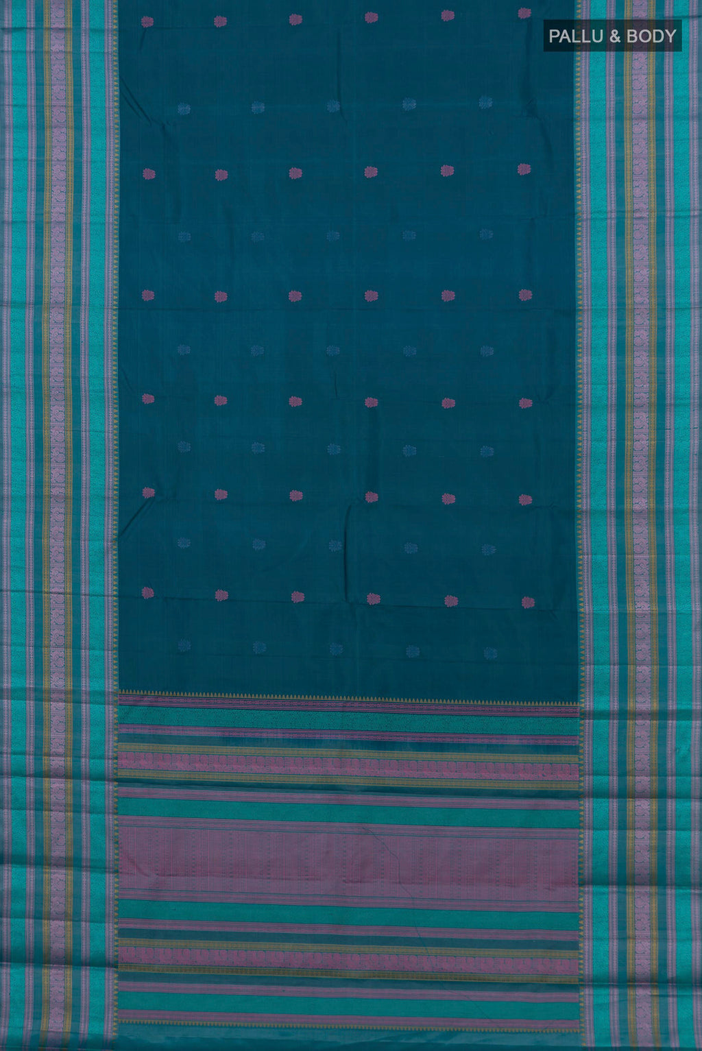 Flat view of Blue Kanchipuram Silk Saree with Thread Butta on the body and Thread Border. 