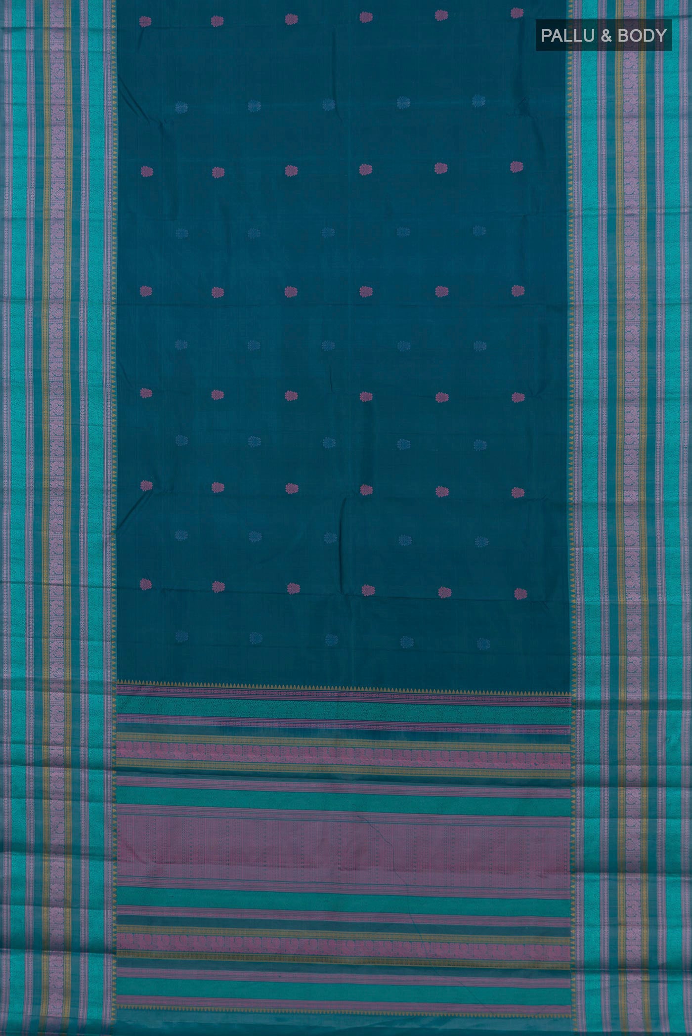 Flat view of Blue Kanchipuram Silk Saree with Thread Butta on the body and Thread Border. 
