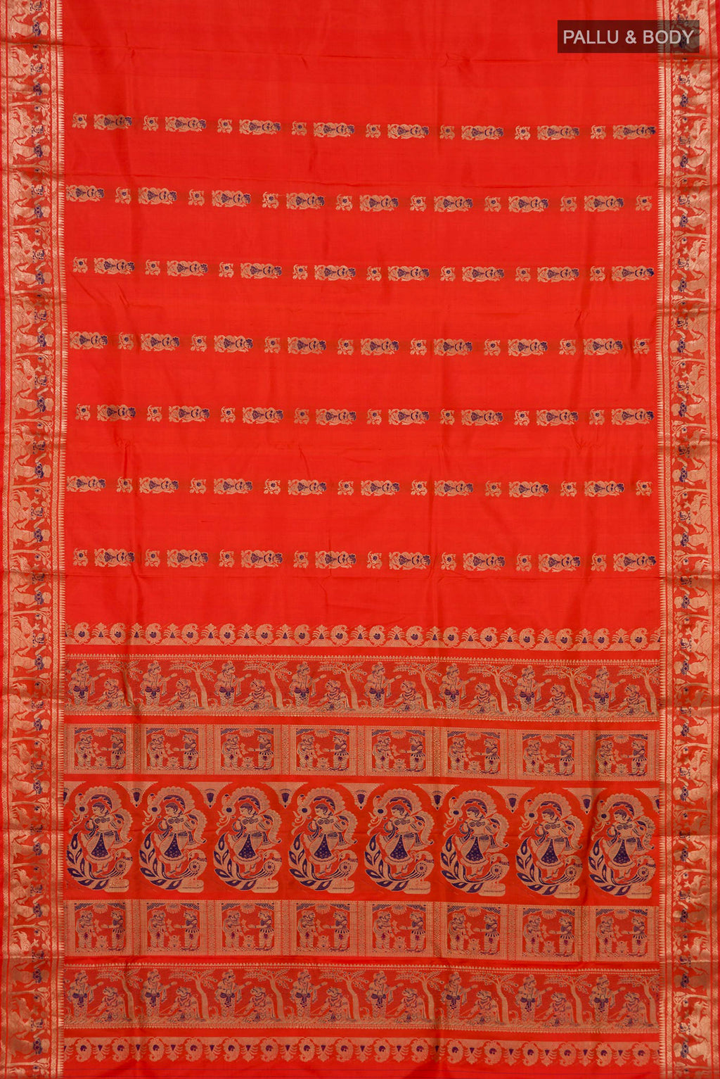 Flat view of Pure Silk Orange Baluchari Saree with Zari And Thread Butta on the body and Fancy Border. 