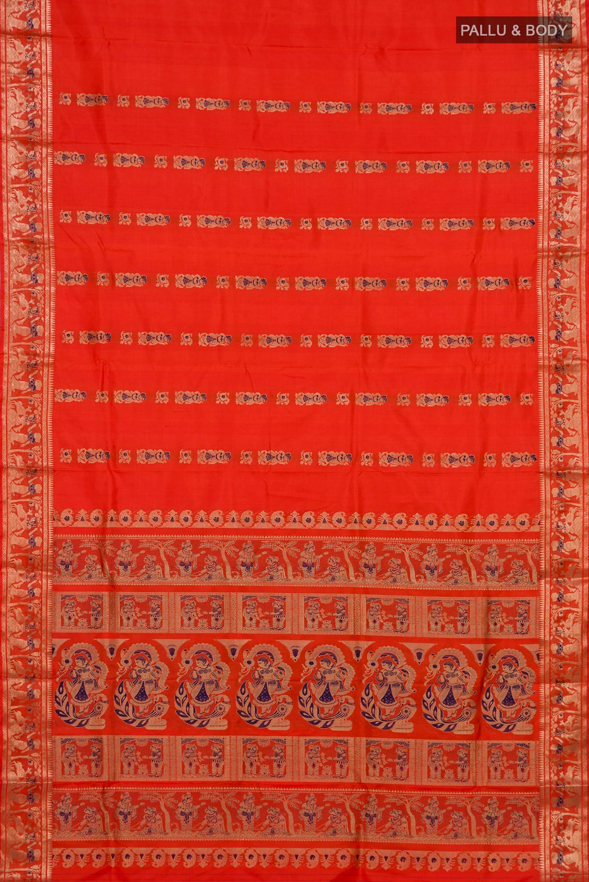Flat view of Pure Silk Orange Baluchari Saree with Zari And Thread Butta on the body and Fancy Border. 