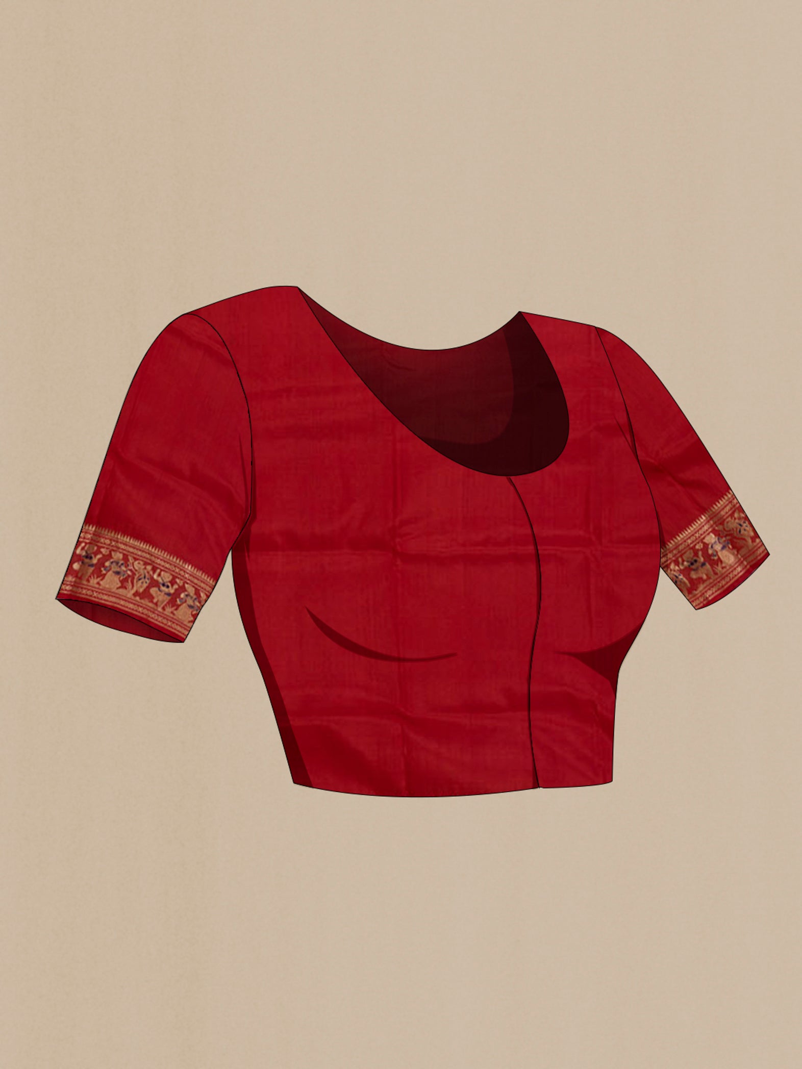 Close up image of the blouse of Maroon Baluchari Silk Saree with Zari Butta on the body and Zari Border. 