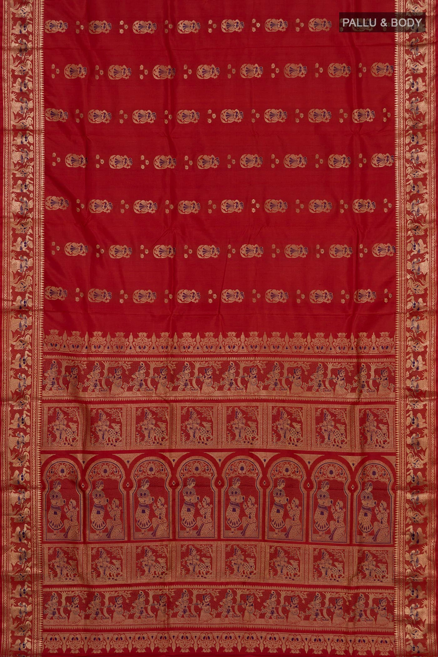 Flat view of Maroon Baluchari Silk Saree with Zari Butta on the body and Zari Border. 