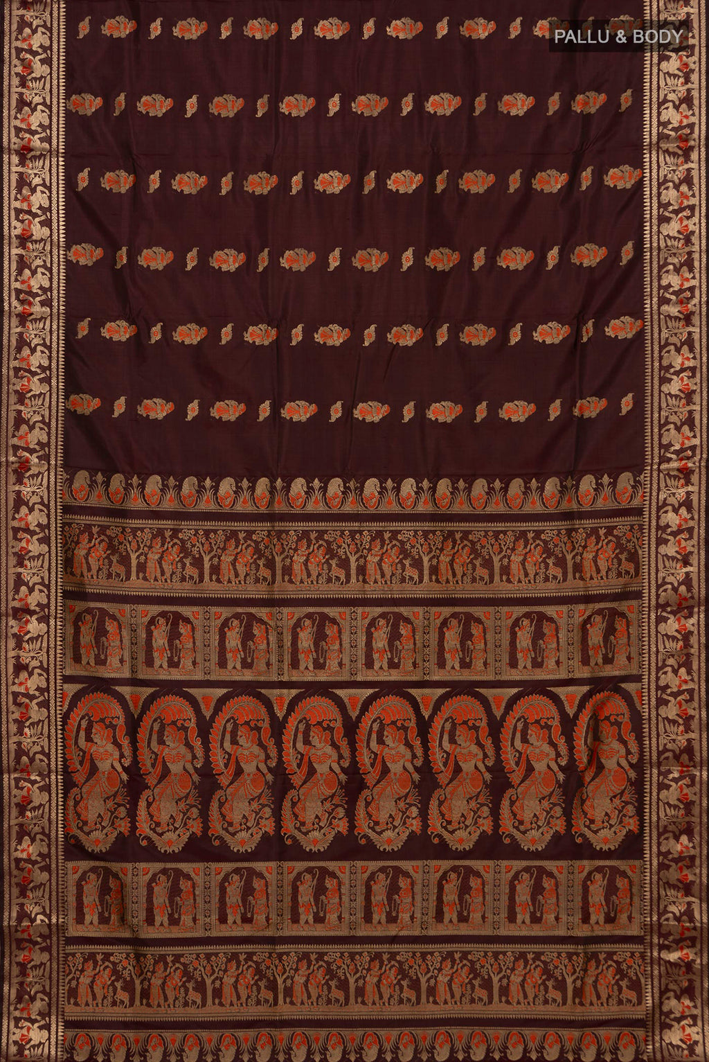 Flat view of Coffee Brown Baluchari Silk Saree with Zari Butta on the body and Zari Border. 