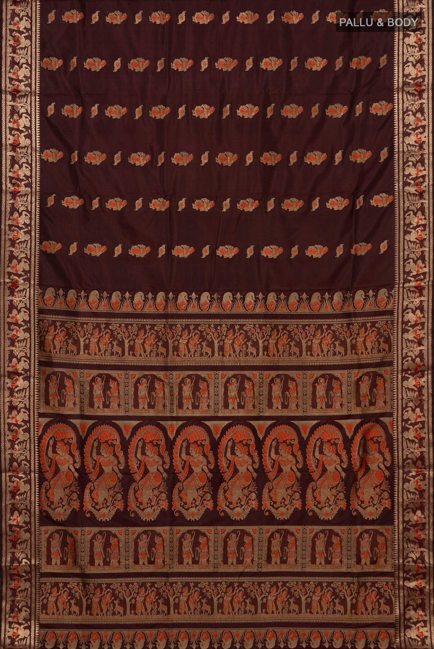 Flat view of Coffee Brown Baluchari Silk Saree with Zari Butta on the body and Zari Border. 