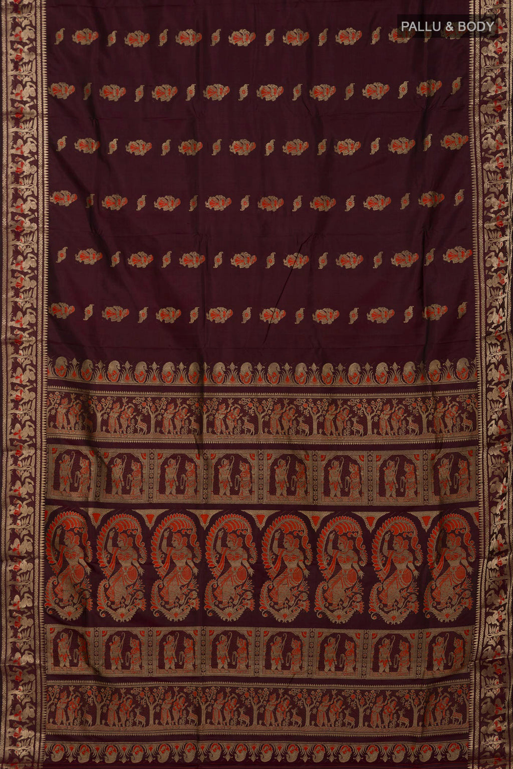 Flat view of Coffee Brown Baluchari Silk Saree with Zari And Thread Butta on the body and Zari Border. 