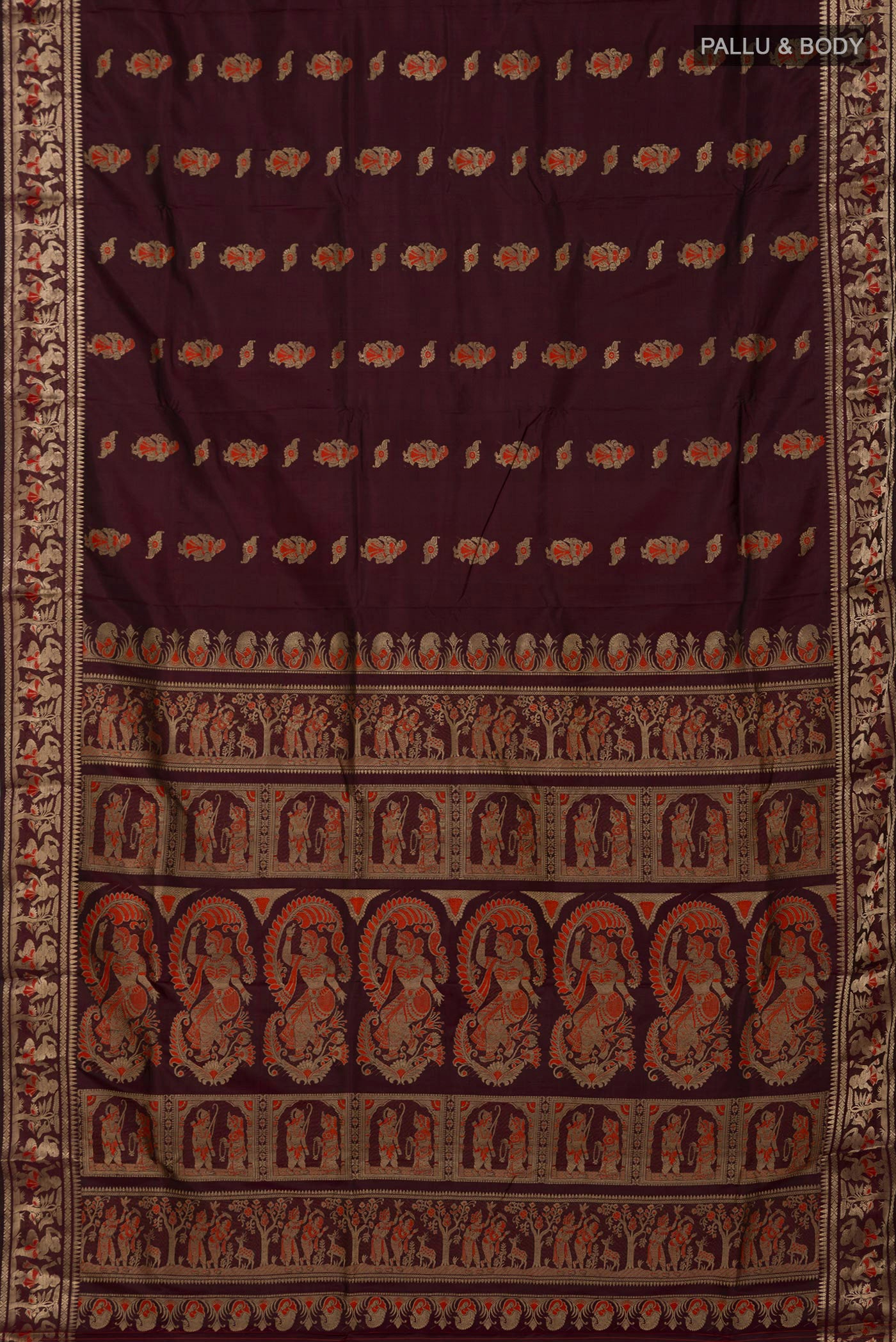 Flat view of Coffee Brown Baluchari Silk Saree with Zari And Thread Butta on the body and Zari Border. 