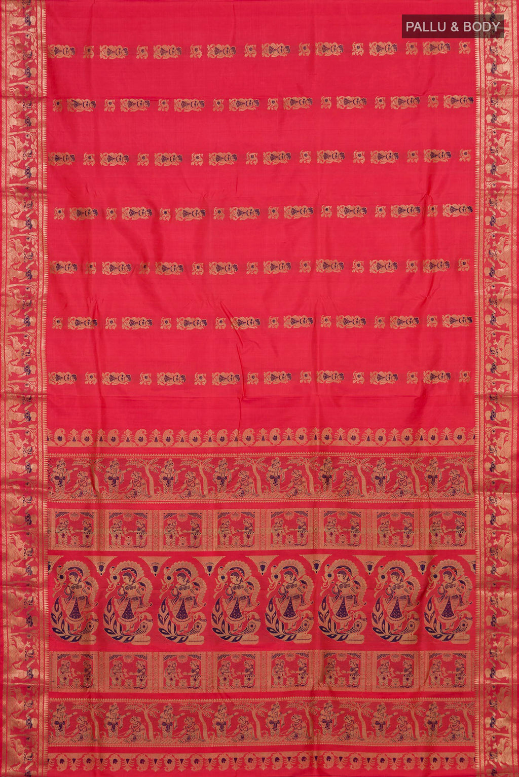 Flat view of Coral Baluchari Silk Saree with Zari And Thread Butta on the body and Zari Border. 